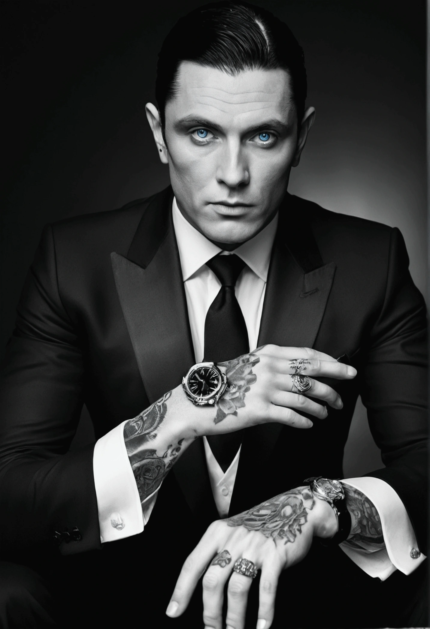 This British mobster is a remarkable and enigmatic figure. His black hair is carefully combed back, highlighting his extraordinarily clear blue eyes, which seem to capture the attention of everyone around him. His pale skin gives him a mysterious appearance, while his hand tattoos whisper secrets of his involvement in the underworld. He wears a tailored black suit, accentuating his slim, elegant figure. His wrist displays a Rolex, and on his finger a ring. , Ilford XP2 Super (Black and White) , Minimalist, Dark and moody , Over-the-Shoulder Shot , , high resolution, ultra wide angle, cinematic lighting, depth of field, blurry, 4k, elite, luxury, dramatic lighting, micro detalls, cinematic, photorealistic, 8k, atmospheric , Double Backlighting, Backlighting, Backlight, Hair light , , ,