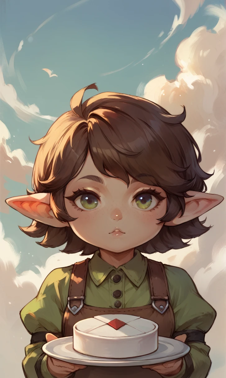 score_9, score_8_up, score_7_up, 1girl, simplified background, Shortstack, gnome fantasy race, elf like ears, Dark brown styled up hair, wearing plate mail, Upper body portrait, voluptuous body, Close up portrait