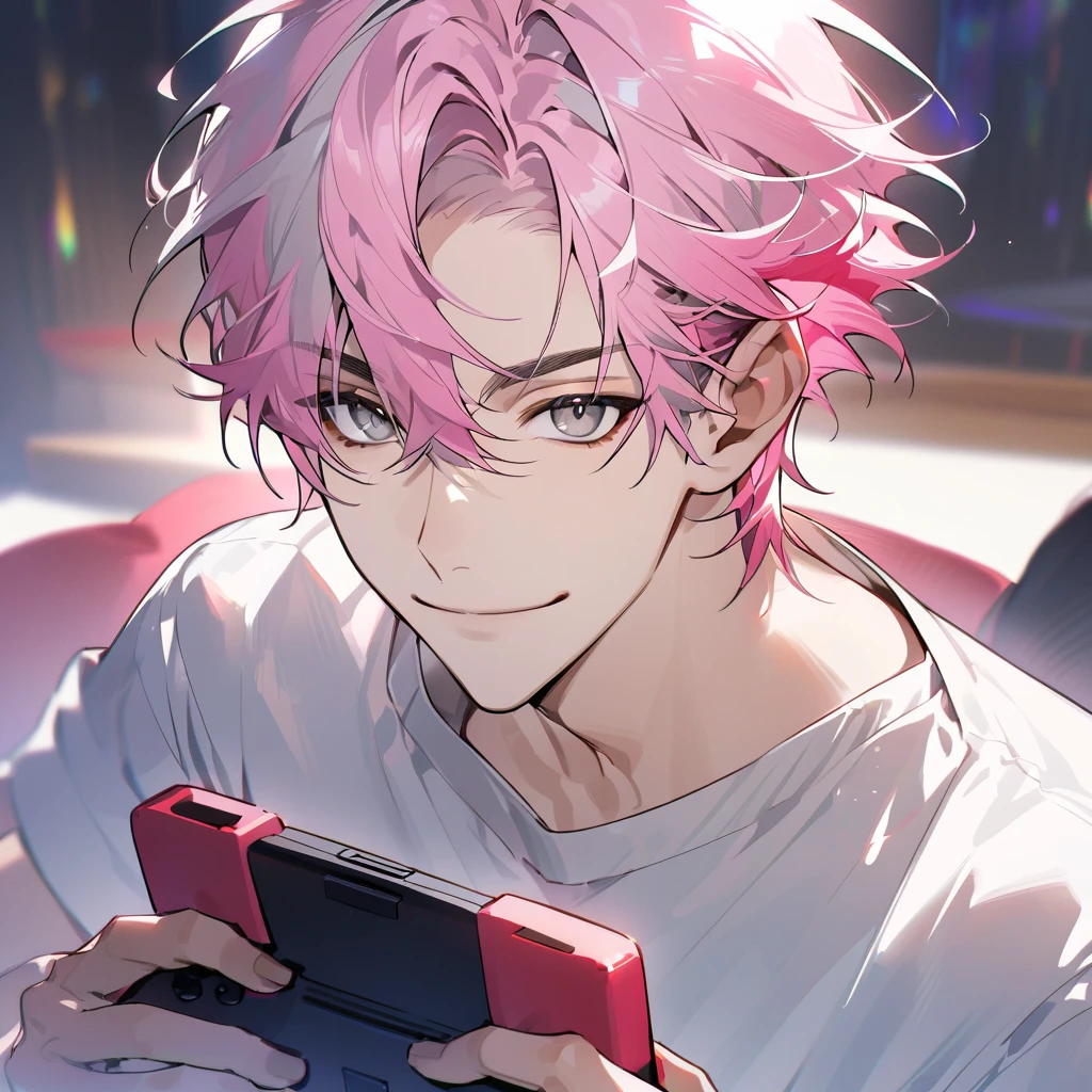 Handsome, solo, 1 male, super short hair, pink hair, smile facial, (shirt), (((sharp grey eyes))), ((smile)), (((closed mouth))), ((((holding game pad)))), sitting down, cowboy shot