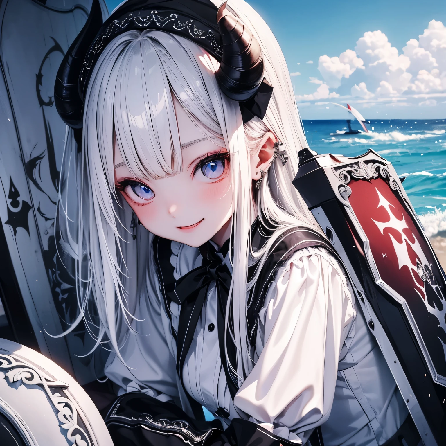 (masterpiece), Highest quality, Ultra-high resolution,Devil with a black ribbon、White Hair、White eyes、White clothing、Laughing happily、table、sun、summer、guard、(shield:1.3)、Ocean、Cold protection、dazzling