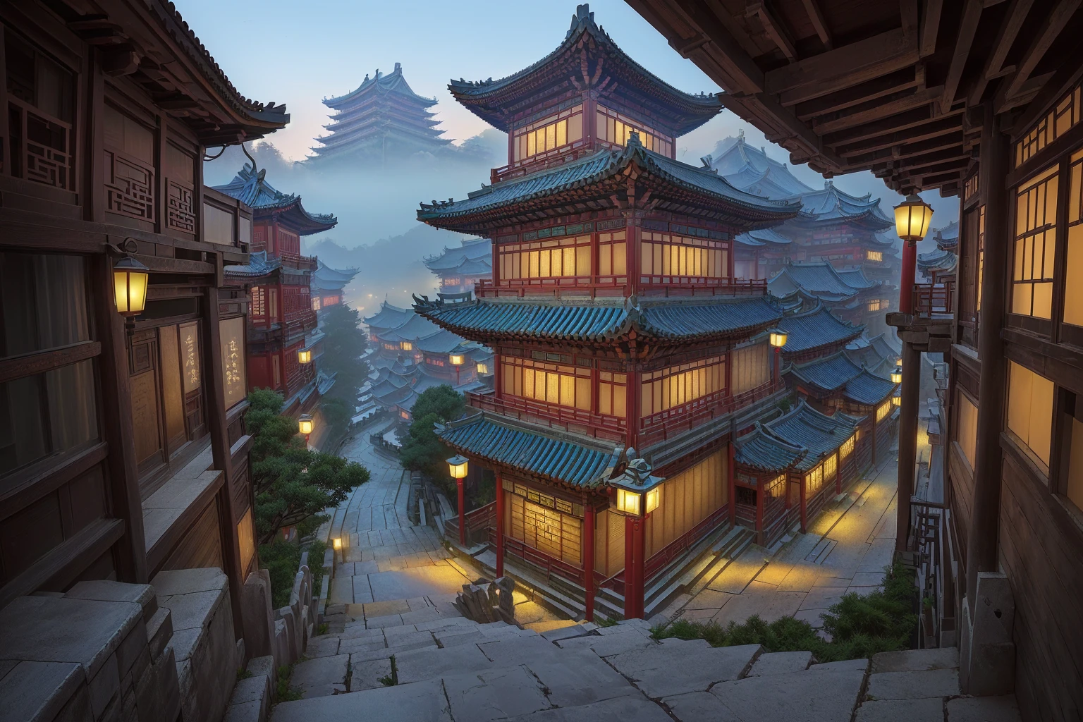 there is a narrow street,There are many buildings and plants, Dream China Town, china village, andreas rocha style, Cyberpunk ancient Chinese castle, Beautiful rendering of the Tang Dynasty, ancient city landscape, The ancient city streets behind her, author:Victor Wang, old asian village, Inspired by Zhang Sengyao, Pan Chengwei on artstation, In an ancient city , ((low angle shot 1.7)) ((Camera lens close to the ground to shoot 1.8))