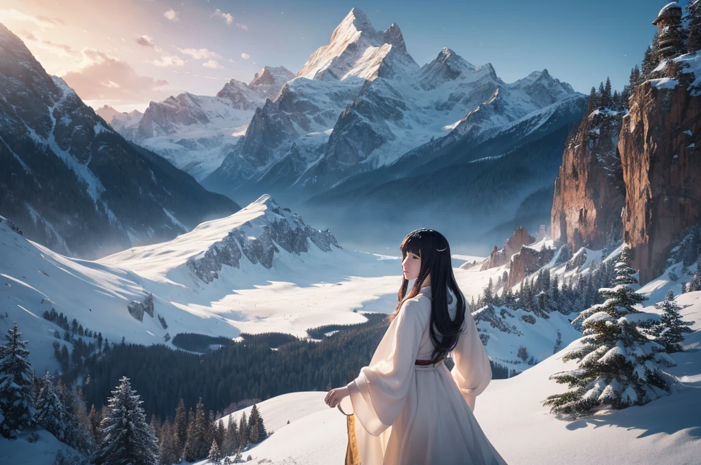 The majestic snow-capped peaks stood in grandeur, their towering presence dominating the horizon、a woman in a white dress with a Snow a mountain behind her, detailed anime art, detailed anime artwork, detailed key anime art, detailed digital anime art, clean detailed anime art, beautiful anime art, anime art, ayaka genshin impact, detailed anime character art, guweiz on pixiv artstation, trending on artstation pixiv