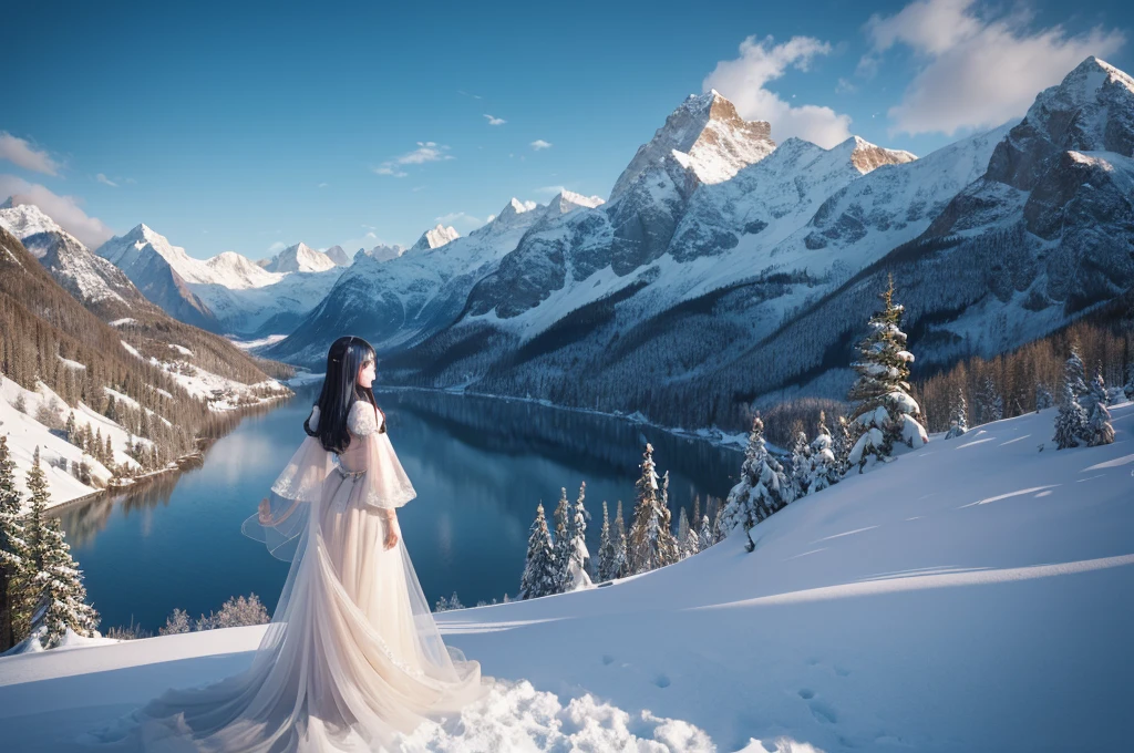 The majestic snow-capped peaks stood in grandeur, their towering presence dominating the horizon、a woman in a white dress with a Snow a mountain behind her, detailed anime art, detailed anime artwork, detailed key anime art, detailed digital anime art, clean detailed anime art, beautiful anime art, anime art, ayaka genshin impact, detailed anime character art, guweiz on pixiv artstation, trending on artstation pixiv
