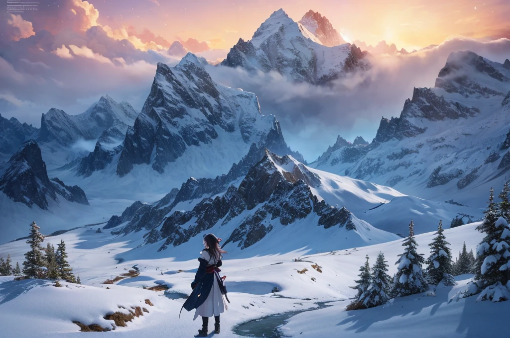 The majestic snow-capped peaks stood in grandeur, their towering presence dominating the horizon、a woman in a white dress with a Snow a mountain behind her, detailed anime art, detailed anime artwork, detailed key anime art, detailed digital anime art, clean detailed anime art, beautiful anime art, anime art, ayaka genshin impact, detailed anime character art, guweiz on pixiv artstation, trending on artstation pixiv