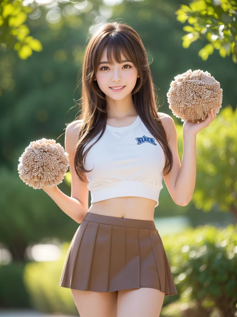 masterpiece, Highest quality, Very detailed, High resolution, (Realistic, photoRealistic:1.37), One beautiful woman, 18-year-old, sexy, Cheerleader, (Holding a pom-pom in both hands:1.3), (mini skirt, Thighs, focus:1.5), smile, cheer leading, Cheerleader uniform, (shape), Tank top, マイクロプリーツmini skirt, ((Very delicate and beautiful)), (Bokeh, Blurry outdoor background), Brown Hair, Long Hair, bangs, Very beautiful face, Cute type, Big Natural Color Lip, Big and pretty eyes, Brown eyes, Obvious double, Small and cute nose, Soft Skin, (Glowing Skin, Sweaty: 1.2)&#39;Beautiful legs, 豊満なThighs, Plump body, Huge breasts, (Expresses the roundness and softness of the chest area........1), Beautiful body, (A perfect feminine figure) , Spread your legs, (Provocative dynamic pose), Skirt flip,
