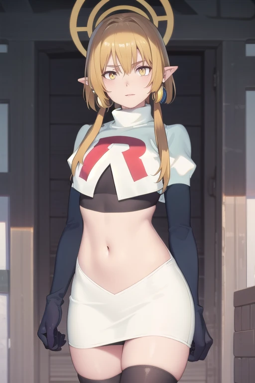 (Masterpiece), (realistic skin texture), extremely detailed, best quality, woman, short hair, blonde hair, yellow eyes, long twintails, pointy ears, halo, gold and purple earrings, team rocket,team rocket uniform,white skirt,red letter R,crop top,black thigh-highs,black elbow gloves