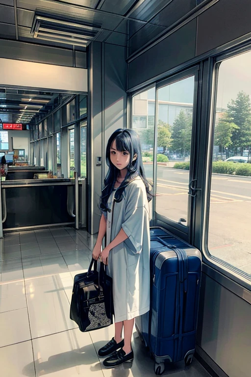 A girl around , a little more mature, active and casually dressed, with medium-long light ash blue hair and beautiful jade-colored almond eyes, about 125cm tall, in the lobby of an outer space relay spaceport, there are a moderate number of people behind her, a check-in counter in the far right, a potted plant, a planet visible through the window to the left, she is holding a travel bag, standing to the right, facing left and looking out the window