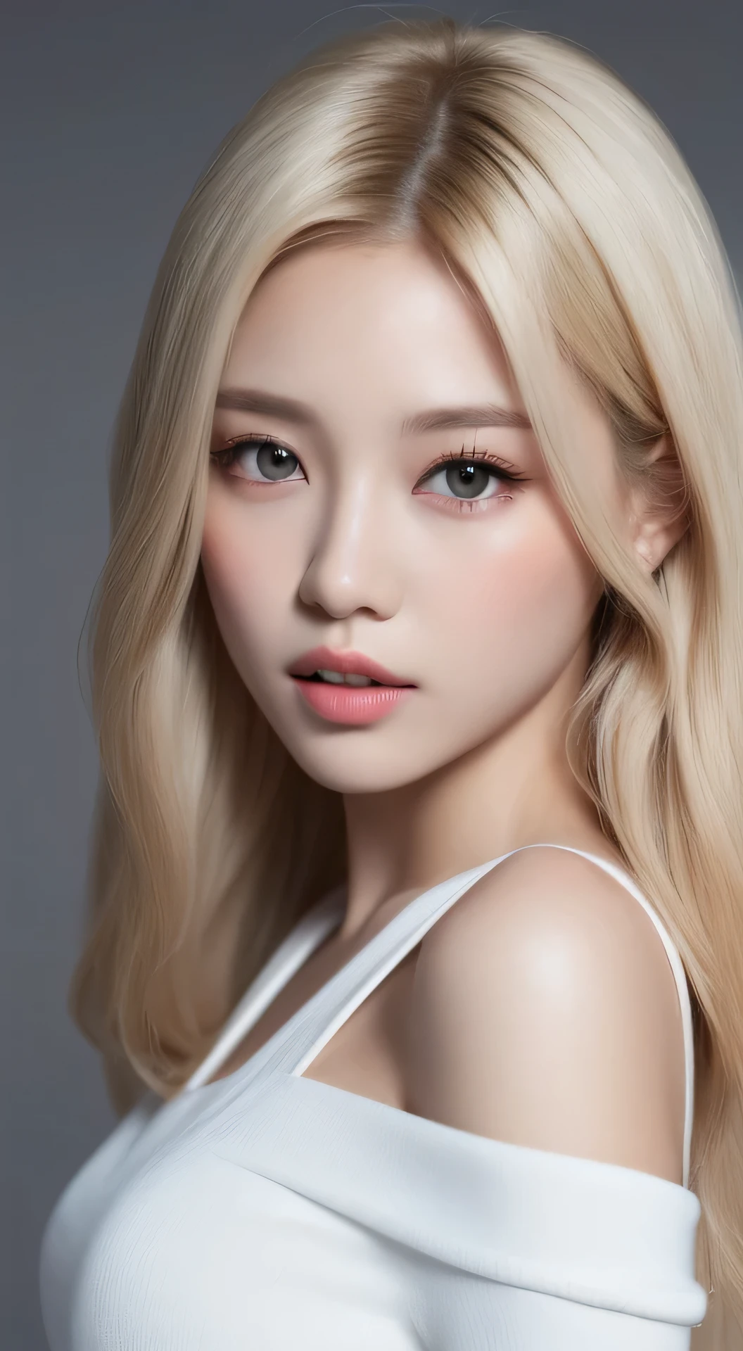 ((Realistic lighting、top-quality、8k、masterpiece:1.3))、Clear focus:1.2、1girl in、flawless beauty:1.4、slim((blonde hair))、Neat and clean clothing、One-piece clothes、Superfine Face、Narrow-eyed、double eyelid、lighting like a movie、photos realistic、28 year old、Straight hair、Face like a K-pop idol、white backgrounid、Gray background、black backgroundature Woman、Classy makeup、Light hair color Blonde、Angle of pull