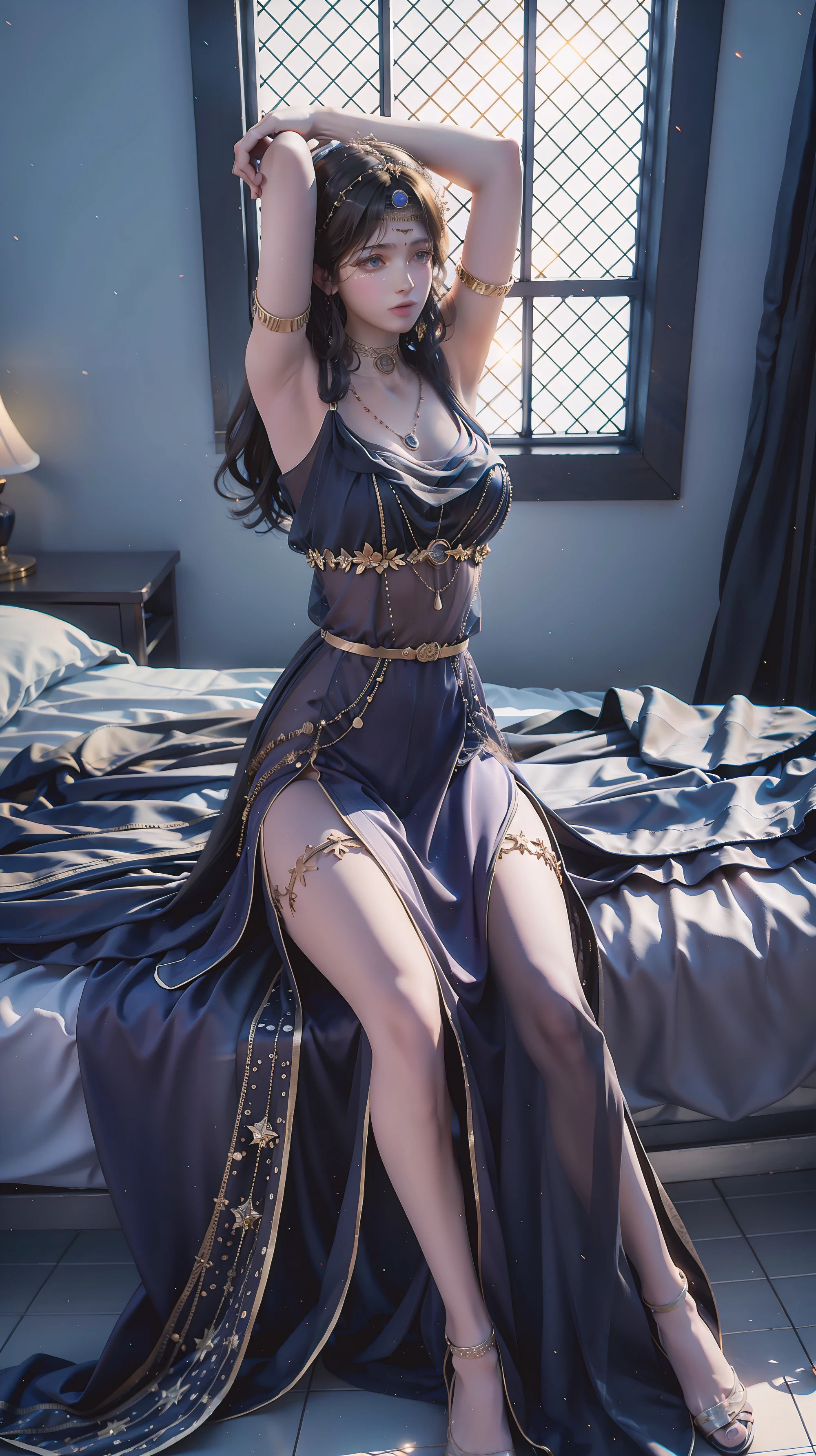 (((1 girl)),Ray tracing,[Detailed background (bedroom)),((Slim Girl))) Starry sky background，((((Girls wear dresses, With transparent stockings), Show off your exquisite figure and graceful curves, correct limbs, Sitting on the bed，Put your hands behind your head, Put your hands behind your head