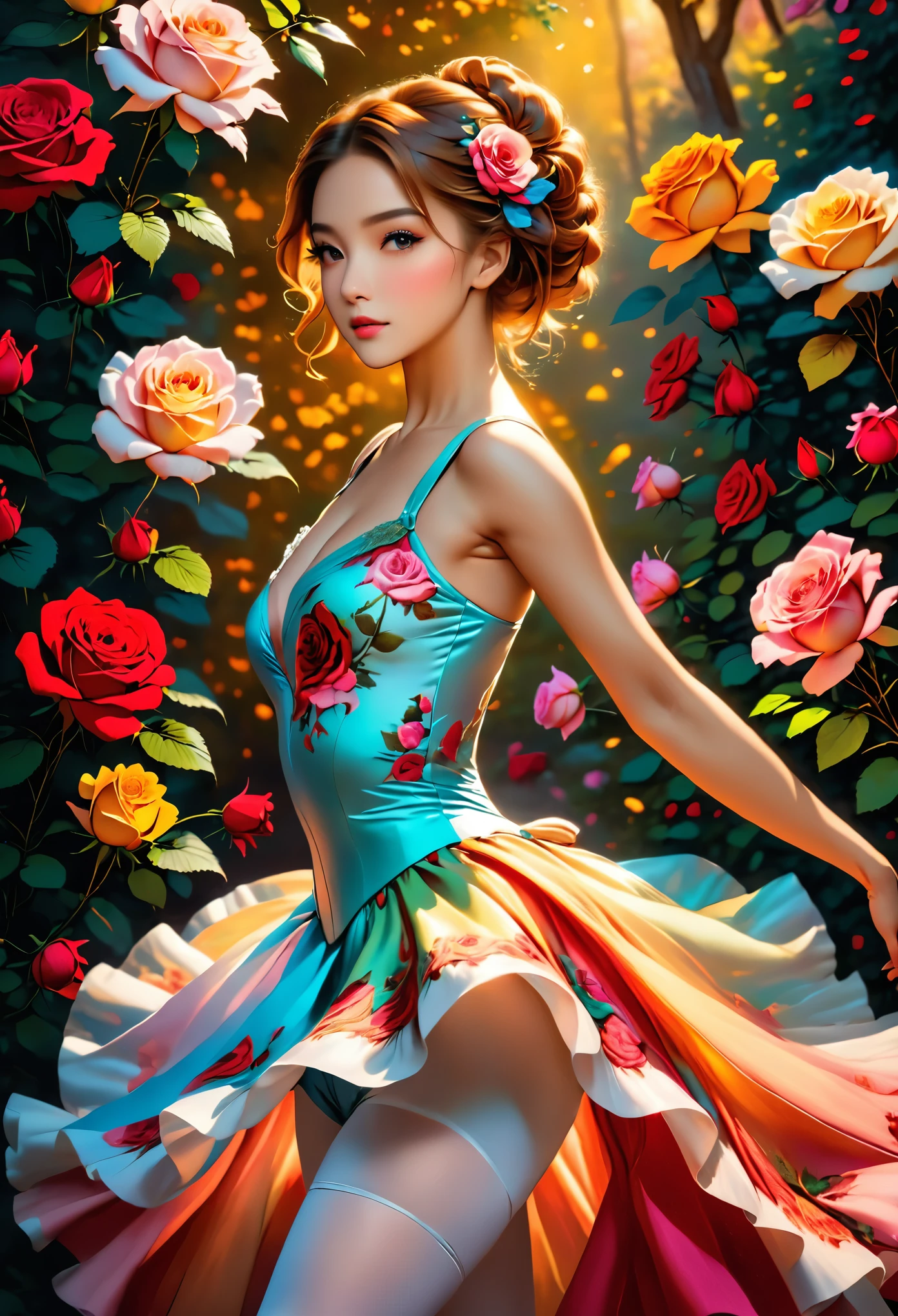 a portrait of female classical ballet prima ballerina dancer in the ((middle of blossoming rose)), a full body picture ((anatomically correct: 1.5)) of a exquisite beautiful female dancer wearing silk evening dress, intricate dress dynamic hair color, dynamic hair style, dynamic skin complexion, wearing ballet shoes, wearing thigh highs, she is standing in the middle of a magnificent, epic rose, she stands in the middle of the flower, dynamic background, vibrant, Ultra-high resolution, High Contrast, (masterpiece:1.5), highest quality, Best aesthetics), best details, best quality, highres, 16k, (ultra detailed: 1.5), masterpiece, best quality, (extremely detailed) RAW, (ultra details, Masterpiece, best quality), Cinematic Hollywood Film, artxldnc,