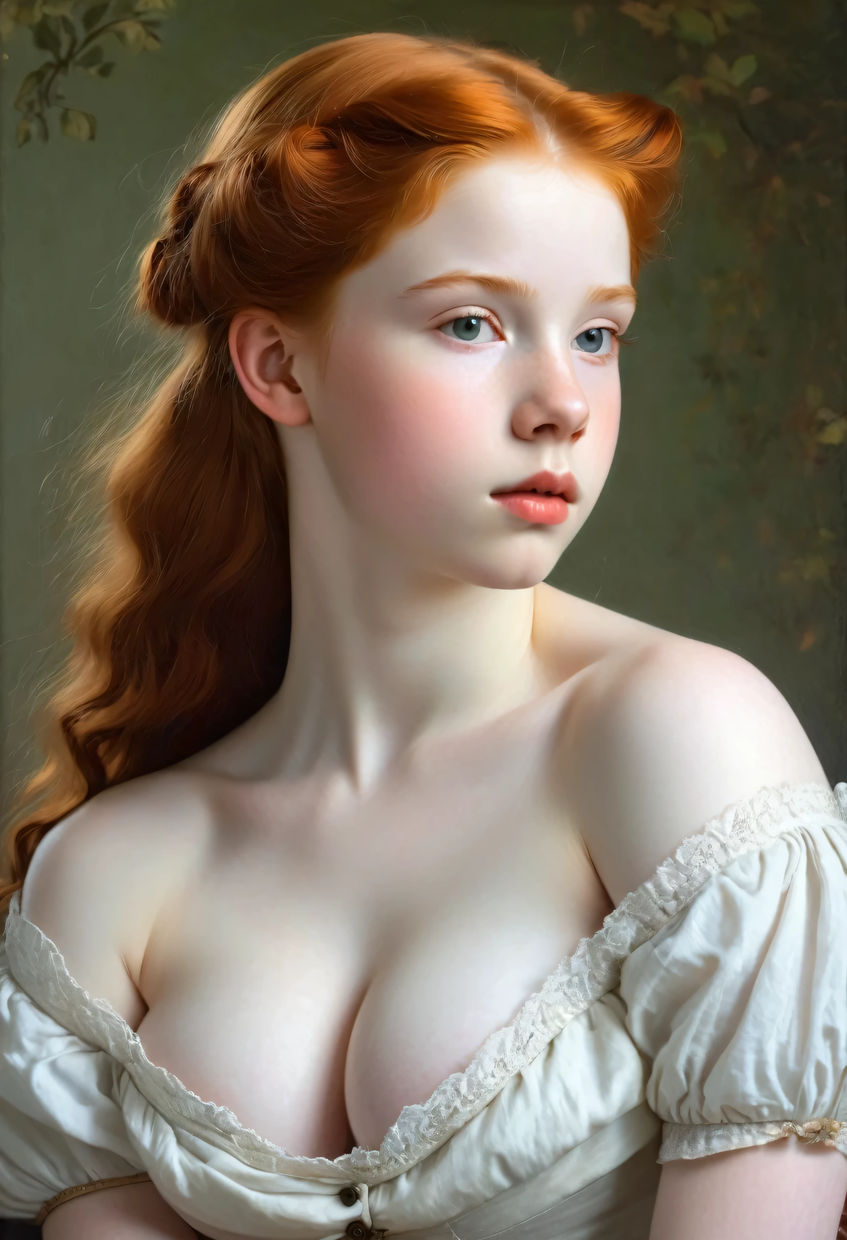 pale skin muscular redhead girl huge breasts in the style of William-Adolphe Bouguereau