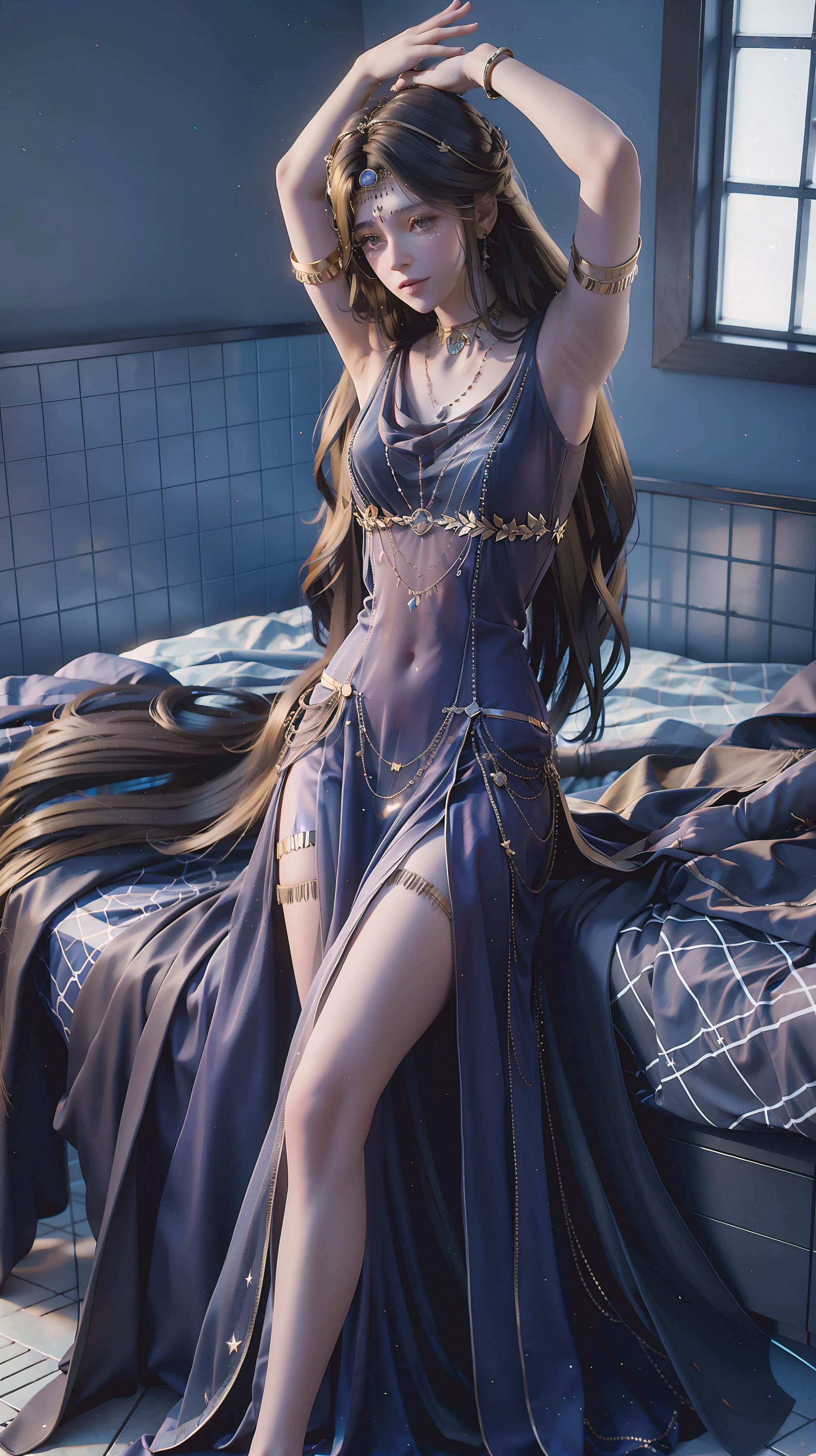 (((1 girl)),Ray tracing,[Detailed background (bedroom)),((Slim Girl))) Starry sky background,((((Girls wear dresses, With transparent stockings), Show off your exquisite figure and graceful curves, correct limbs, Sitting on the bed,Put your hands behind your head, Put your hands behind your head