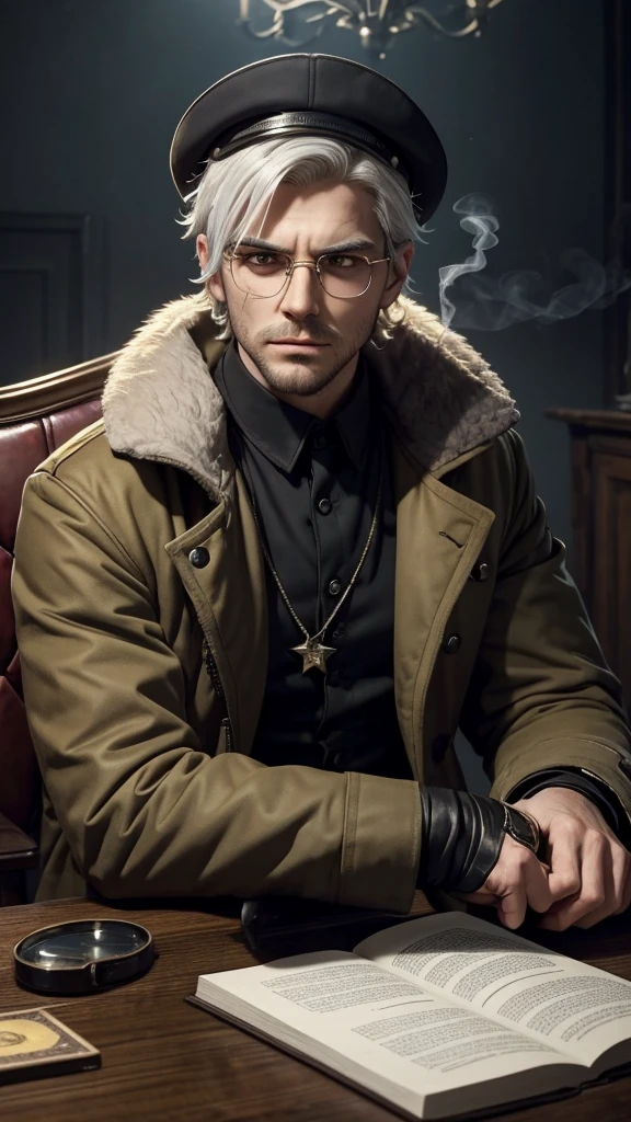 A young man of Slavic appearance with only light stubble, rough youthful features and white hair with darkened roots, wearing fur boots, dark gray military coat with fur collar, gloves,on the face there are glasses with square frames, the lenses sparkle in the light, a Soviet earflap on the head of a man with a Soviet star on it, solo, scar on eyebrow,scar on the lip,he himself stared at the viewer with a serious gaze,pale yellow eyes with a small pupil,the man himself inspires fear,his eyes emit a slight glow he himself is in twilight,there are square-framed glasses on his face and half of it is occupied by a fresh burn scar,he holds a slightly smoking cigarette in his hand, raised to his mouth,khaki pants,he sits on the right side of the table,on a chair, looking defiantly at the viewer and raising the barrel of a pistol towards the viewer with his other hand,continuing to smoke stigara,on the table there is a book by Dostoevsky and a bloody puddle next to it against the backdrop of a dark gloomy room with flashing lights. The man looks at the viewer extremely sternly and sternly without smiling.,he continues to smoke