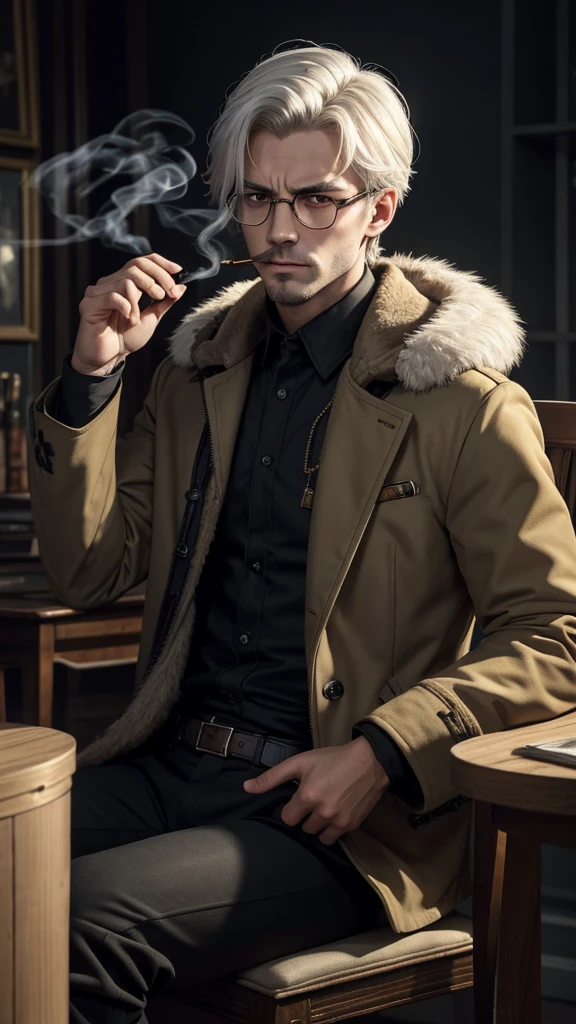 A young man of Slavic appearance with only light stubble, rough youthful features and white hair with darkened roots, wearing fur boots, dark gray military coat with fur collar, gloves,on the face there are glasses with square frames, the lenses sparkle in the light, a Soviet earflap on the head of a man with a Soviet star on it, solo, scar on eyebrow,scar on the lip,he himself stared at the viewer with a serious gaze,pale yellow eyes with a small pupil,the man himself inspires fear,his eyes emit a slight glow he himself is in twilight,there are square-framed glasses on his face and half of it is occupied by a fresh burn scar,he holds a slightly smoking cigarette in his hand, raised to his mouth,khaki pants,he sits on the right side of the table,on a chair, looking defiantly at the viewer and raising the barrel of a pistol towards the viewer with his other hand,continuing to smoke stigara,on the table there is a book by Dostoevsky and a bloody puddle next to it against the backdrop of a dark gloomy room with flashing lights. The man looks at the viewer extremely sternly and sternly without smiling.,he continues to smoke