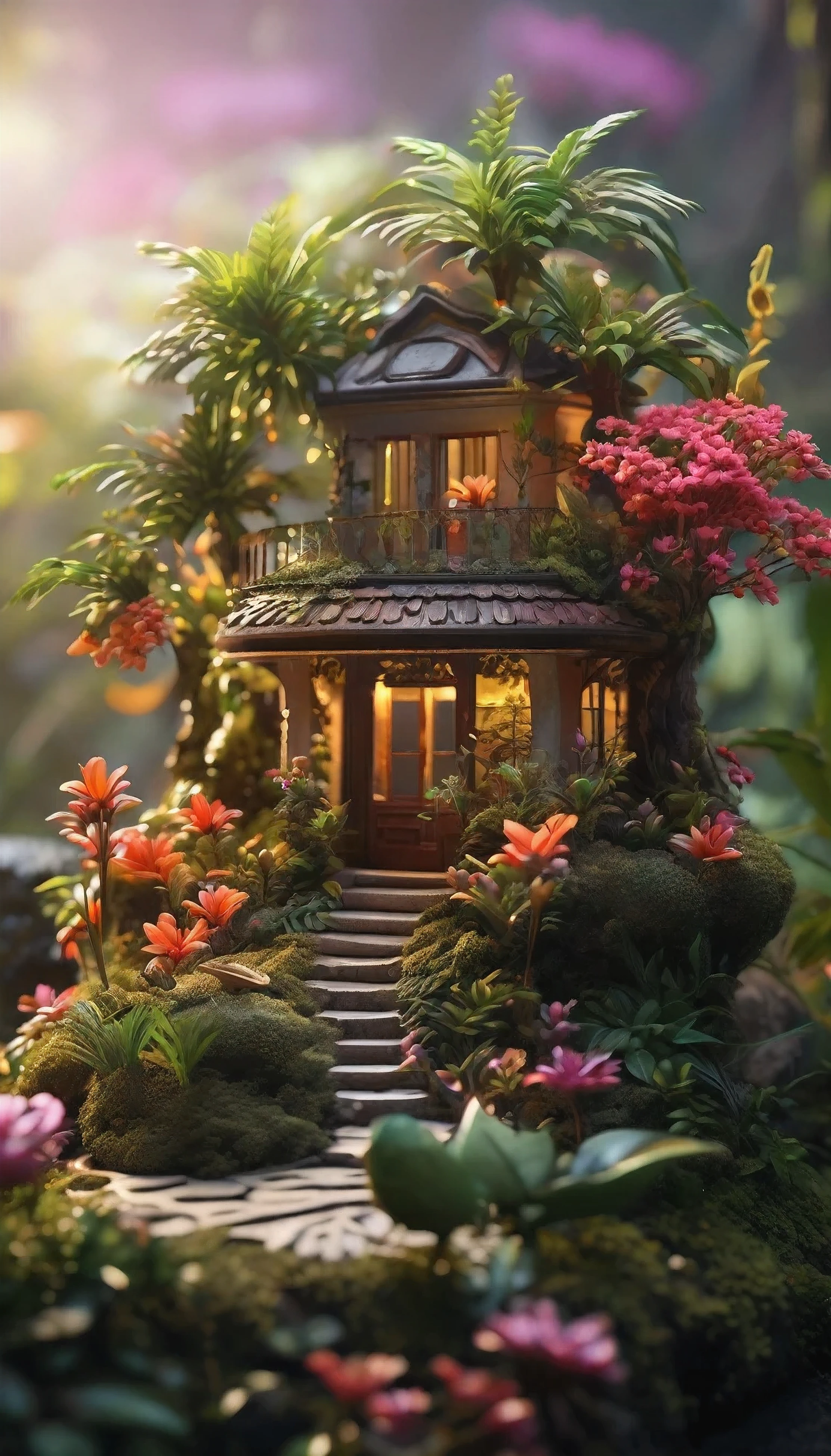 A stunning, ultra-realistic 3D render of a miniature scene set in a magical rainforest. The low-key mood is enhanced by the soft lighting, casting a warm glow over the delicate colorful flowers and softly lit branches. The depth of field creates a sense of depth and atmosphere, with the bright cinematic lighting highlighting the intricate details of the scene. The happy, smiling miniature figure adds a touch of whimsy, while the wide landscape view and sharp focus showcase the super complex design and outstanding quality of the image.