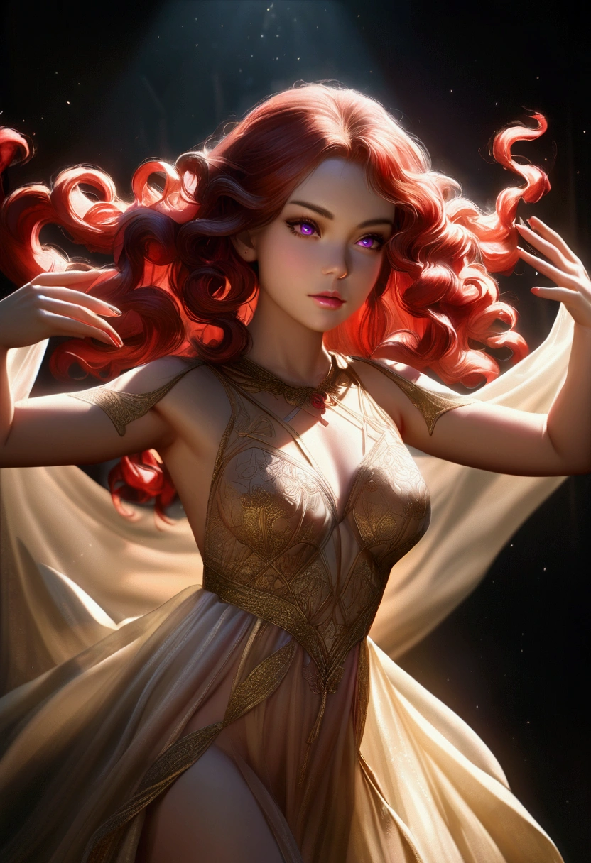 detailed portrait of a young woman with fiery red curly hair, large violet eyes, almond skin, performing a ritual dance, sheer golden silk gown with intricate embroidery, no underwear, 8k, photorealistic, cinematic lighting, chiaroscuro, dramatic shadows, magical, mystical, ethereal
