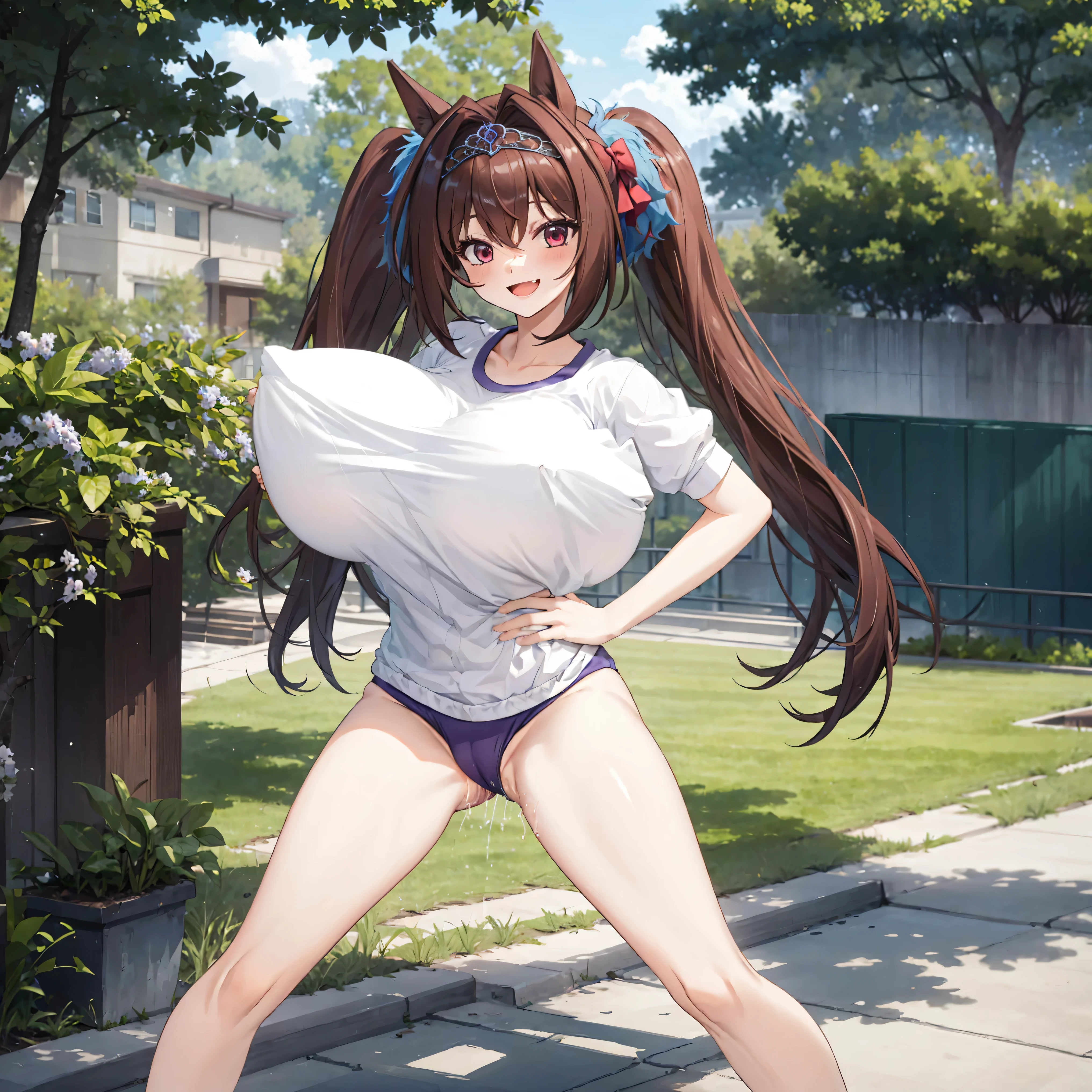 Daiwascarlet, uma-musume, (solo), (dark purple tight brm:1.3), (gym uniform:1.2), BREAK, (bursting impossible disproportionately gigantic huge breasts:1.4), bouncing huge breasts, skinny, very short torso, narrow waist, long legs, swaying back, (hands behind back), BREAK, (show off cameltoe), BREAK, nsfw, forced orgasm, (twitchy forced smile:1.2), open mouth, brm digging deep into cameltoe, coverd huge clitoris, pussy juice