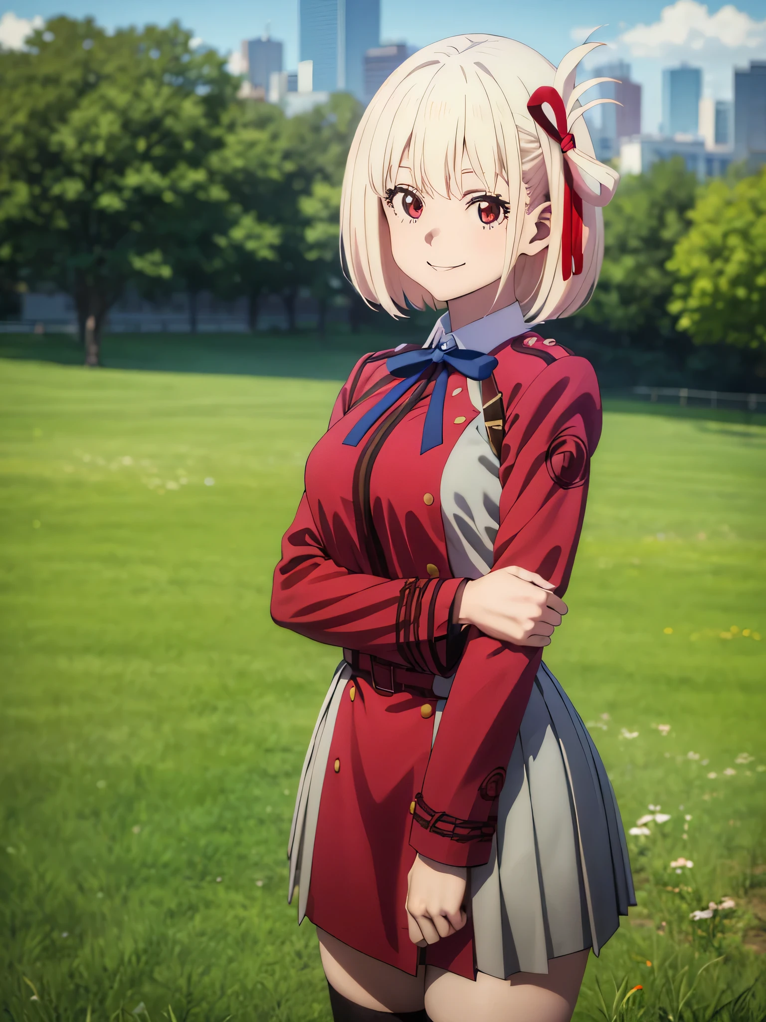 (masterpiece, best quality:1.4), looking at viewer, smile, cowboy shot, chisato nishikigi, blonde hair, short hair, red eyes, medium breasts, hair ribbon, lycoris uniform, long sleeves, two-tone dress, pleated dress, collared shirt, kneehighs, outdoors, grass, skyline, sunny,