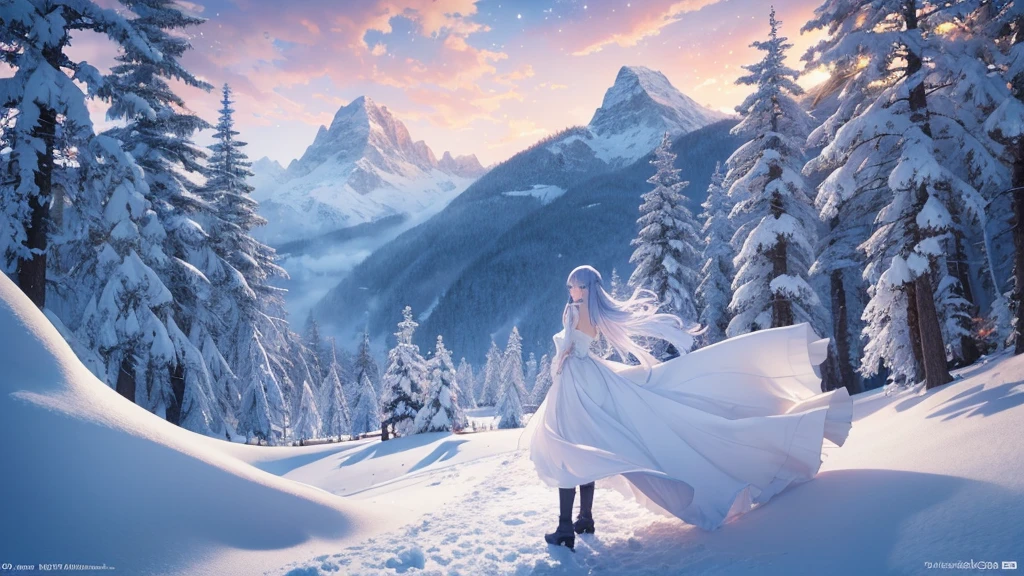 a woman in a white dress with a Snow a mountain behind her, detailed anime art, detailed anime artwork, detailed key anime art, detailed digital anime art, clean detailed anime art, beautiful anime art, anime art, ayaka genshin impact, detailed anime character art, guweiz on pixiv artstation, trending on artstation pixiv