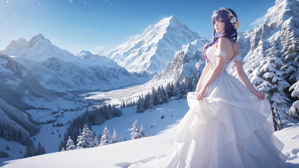 a woman in a white dress with a Snow a mountain behind her, detailed anime art, detailed anime artwork, detailed key anime art, detailed digital anime art, clean detailed anime art, beautiful anime art, anime art, ayaka genshin impact, detailed anime character art, guweiz on pixiv artstation, trending on artstation pixiv