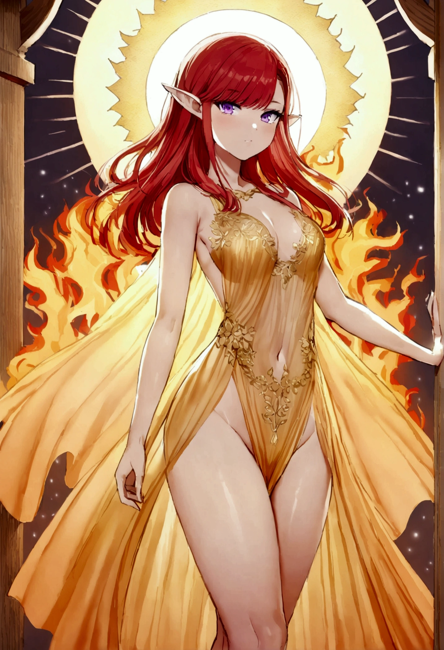 Kate Mara, age 25 (sun elf, almond skin, fire red hair curly, over large violet eyes, sheer golden silk gown with intricate embroidery, no underwear) doing a ritual dance (large exaggerated ballet like movements) to greet the sun, ivy covered shrine, show her from head to toe