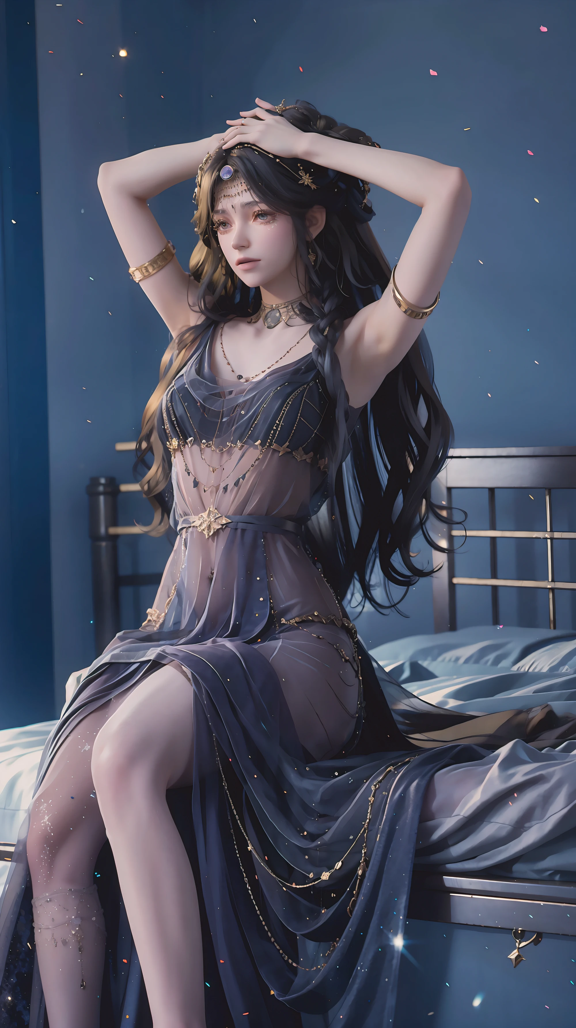 (((1 girl)),Ray tracing,[Detailed background (bedroom)),((Slim Girl))) Starry sky background,((((Girls wear dresses, With transparent stockings), Show off your exquisite figure and graceful curves, correct limbs, Sitting on the bed,Put your hands behind your head, Put your hands behind your head