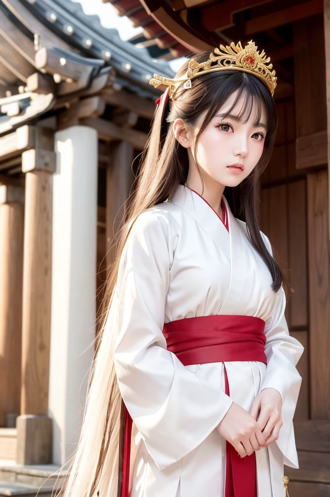 White hunting uniform, a shinto shrine maiden, detailed face, detailed eyes, detailed lips, long straight brown hair, gold simple thin hair tiara,  red straight lines on white outfit, conservative outfit, holding silver scissors, standing in a shrine courtyard, upper body closeup, high quality, digital art, photorealistic, dramatic lighting, cinematic, masterpiece
