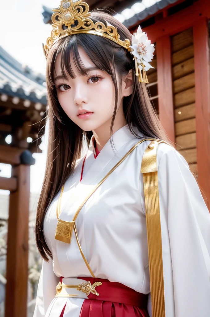 White hunting uniform, a shinto shrine maiden, detailed face, detailed eyes, detailed lips, long straight brown hair, gold simple thin hair tiara, red straight lines on white outfit, conservative outfit, holding silver scissors, standing in a shrine courtyard, upper body closeup, high quality, digital art, photorealistic, dramatic lighting, cinematic, masterpiece