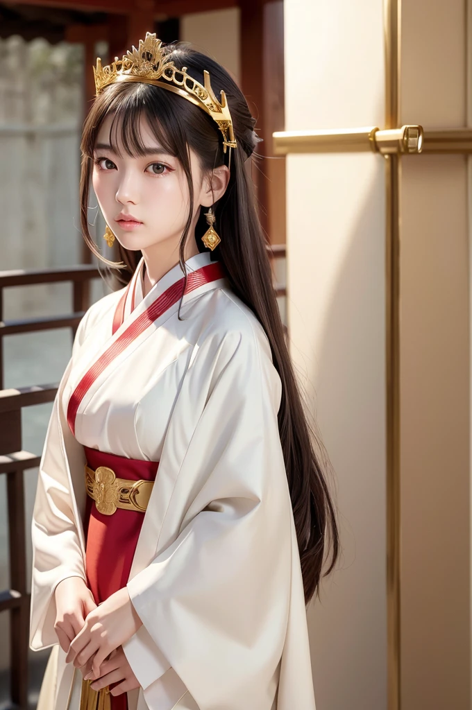 White hunting uniform, a shinto shrine maiden, detailed face, detailed eyes, detailed lips, long straight brown hair, gold simple thin hair tiara,  red straight lines on white outfit, conservative outfit, holding silver scissors, standing in a shrine courtyard, upper body closeup, high quality, digital art, photorealistic, dramatic lighting, cinematic, masterpiece