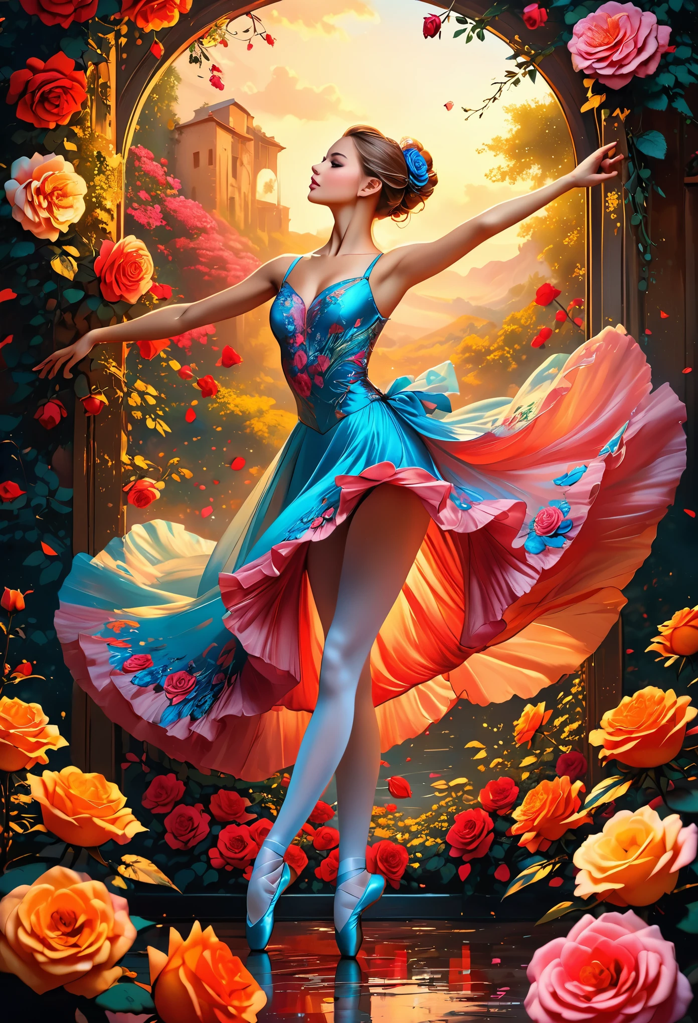 a portrait of female classical ballet prima ballerina dancer in the ((middle of blossoming rose)), a full body picture ((anatomically correct: 1.5)) of a exquisite beautiful female dancer wearing silk evening dress, intricate dress dynamic hair color, dynamic hair style, dynamic skin complexion, wearing ballet shoes, wearing thigh highs, she is standing in the middle of a magnificent, epic rose, she stands in the middle of the flower, dynamic background,  vibrant, Ultra-high resolution, High Contrast, (masterpiece:1.5), highest quality, Best aesthetics), best details, best quality, highres, 16k, (ultra detailed: 1.5), masterpiece, best quality, (extremely detailed) RAW, (ultra details, Masterpiece, best quality), Cinematic Hollywood Film, artxldnc, 