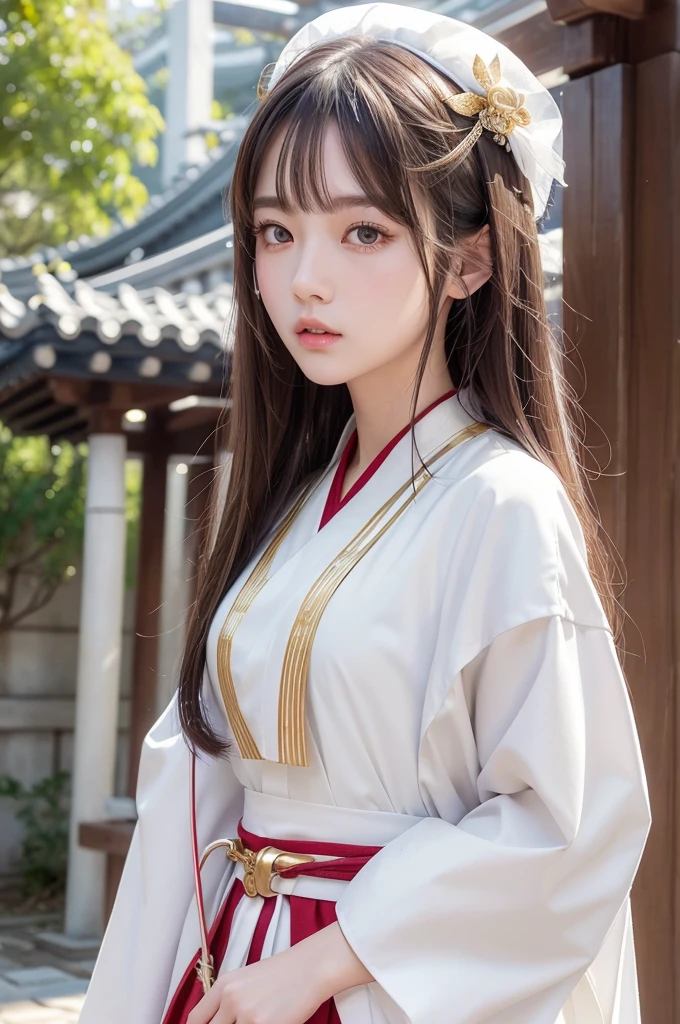 White hunting uniform, a shinto shrine maiden, detailed face, detailed eyes, detailed lips, long straight brown hair, gold simple thin hair band, red straight lines on white outfit, conservative outfit, holding silver scissors, standing in a shrine courtyard, upper body closeup, high quality, digital art, photorealistic, dramatic lighting, cinematic, masterpiece