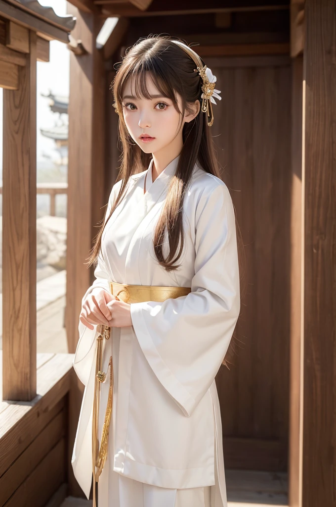 White hunting uniform, a shinto shrine maiden, detailed face, detailed eyes, detailed lips, long straight brown hair, gold simple thin hair band, red straight lines on white outfit, conservative outfit, holding silver scissors, standing in a shrine courtyard, upper body closeup, high quality, digital art, photorealistic, dramatic lighting, cinematic, masterpiece