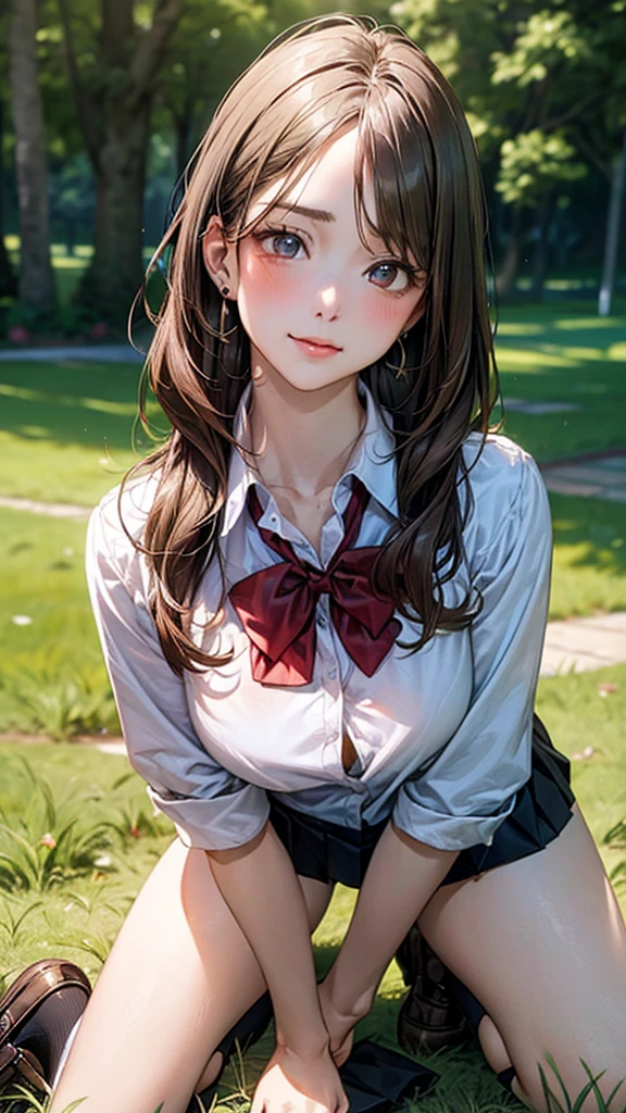 (masterpiece:1.2, top-quality), (realistic, photorealistic:1.4), beautiful illustration, (natural side lighting, movie lighting), 
looking at viewer, cowboy shot, front view:0.6, 1 girl, japanese, high school girl, perfect face, cute and symmetrical face, shiny skin, 
(long hair:1.8, straight hair:1.7, light brown hair), parted bangs, emerald green eyes, long eye lasher, (large breasts:0.9, thick thighs), 
beautiful hair, beautiful face, beautiful detailed eyes, beautiful clavicle, beautiful body, beautiful chest, beautiful thigh, beautiful legs, beautiful fingers, 
((, white collared shirts, black pleated mini skirt, black socks, brown loafers, red bow tie)), break, hoop ring earrings, pink panties, dark blue violet cardigan, break,
(beautiful scenery),
In a grassy field, a girl is on all fours, and a big dog is hugging her back from behind, and their bodies are piled on top of each other.
Her face is bright red and flushed with embarrassment.
