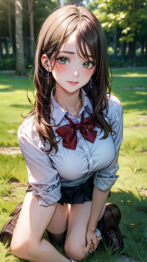 (masterpiece:1.2, top-quality), (realistic, photorealistic:1.4), beautiful illustration, (natural side lighting, movie lighting), 
looking at viewer, cowboy shot, front view:0.6, 1 girl, japanese, high school girl, perfect face, cute and symmetrical face, shiny skin, 
(long hair:1.8, straight hair:1.7, light brown hair), parted bangs, emerald green eyes, long eye lasher, (large breasts:0.9, thick thighs), 
beautiful hair, beautiful face, beautiful detailed eyes, beautiful clavicle, beautiful body, beautiful chest, beautiful thigh, beautiful legs, beautiful fingers, 
((, white collared shirts, black pleated mini skirt, black socks, brown loafers, red bow tie)), break, hoop ring earrings, pink panties, dark blue violet cardigan, break,
(beautiful scenery),
In a grassy field, a girl is on all fours, and a big dog is hugging her back from behind, and their bodies are piled on top of each other.
Her face is bright red and flushed with embarrassment.
