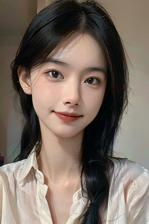 (best quality:1.4),(masterpiece:1.4),(Reality:1.4),(Ultra-high resolution, RAW photos:1.4),(HDR, Ultra Detailed:1.2),Photo of an 18 year old girl,Happy,Ray Tracing,(Upper Body:1.4),sit,detail shaded,Shot with Fujifilm X-T4,85mm F1.2,Clear focus,(Collared shirt:1.4),
