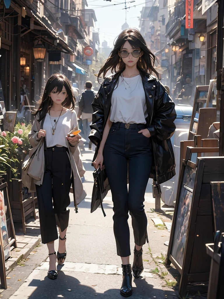 Photo of a beautiful woman standing on a street corner, Perfect model body shape, Stylish pants style, Stylish jacket, sunglasses, Very stylish, with influence of Jeremy Mann, Jeremy Mann, style of Jeremy Mann, Jeremy Mann painting, Jeremy Mann art, Ron Hicks, Liepke, Jeremy Mann and alphonse mucha, Works that influenced Edmund Blampidt, Robert Lenkiewicz, Casey Bo and James Jean, Works that influenced Willem Kalf, Nick Alm, tumbler, Figurative art, Intense watercolor, Watercolor detailed art,Beautiful and expressive paintings, Beautiful artwork illustration, wonderful, Cool Beauty, masterpiece, highest quality, Official Art, Perfect composition, The perfect angle, Best Shot, Perfect subject, women only, Sharp contours, romantic, Sulky, Very beautiful and detailed, Beautiful and delicate eyes, Ideal animation, sentimental, Milan, close
