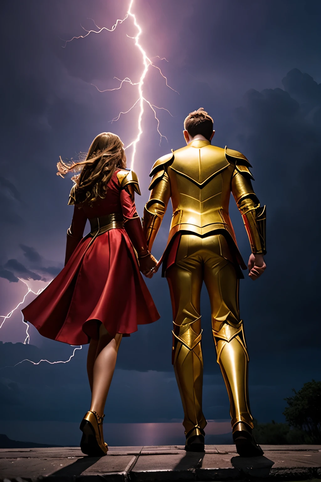 A man in golden armor and a princess in a crimson dress holding hands、Looking up as lightning strikes the sky