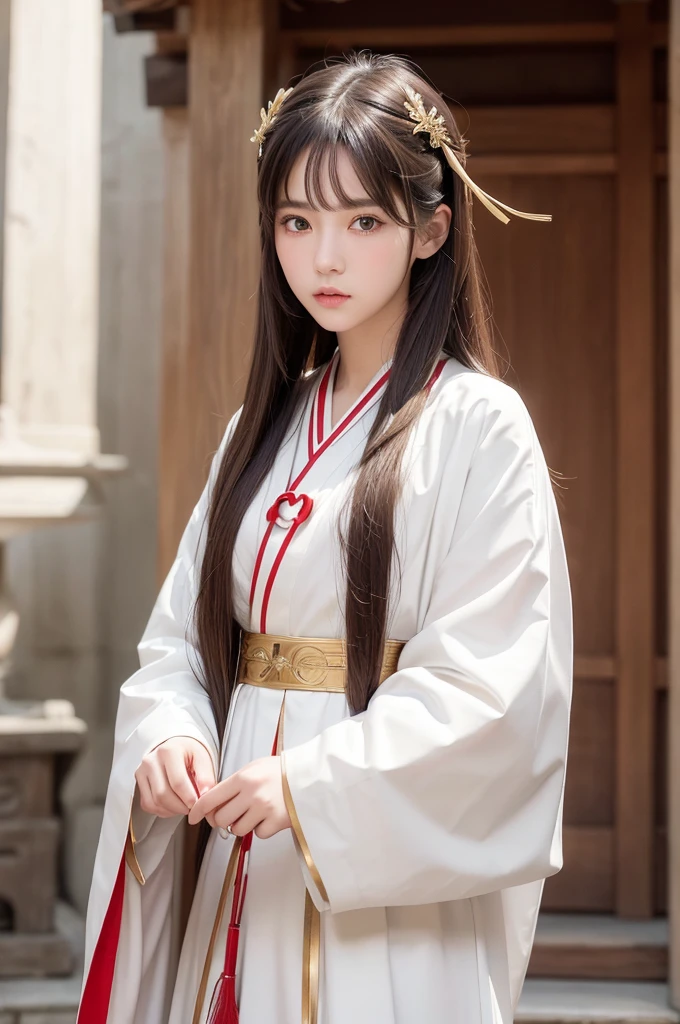 White hunting uniform, a shinto shrine maiden, detailed face, detailed eyes, detailed lips, long straight brown hair, gold simple thin hair band,  red straight lines on white outfit, conservative outfit, holding silver scissors, standing in a shrine courtyard, upper body closeup, high quality, digital art, photorealistic, dramatic lighting, cinematic, masterpiece