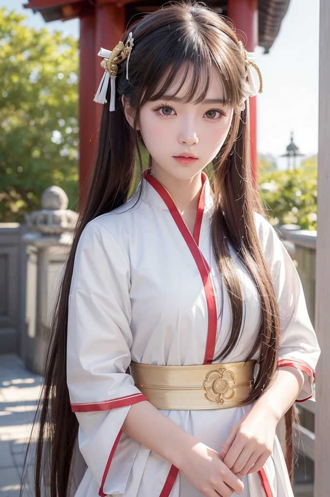 White hunting uniform, a shinto shrine maiden, detailed face, detailed eyes, detailed lips, long straight brown hair, gold simple thin hair band, red straight lines on white outfit, conservative outfit, holding silver scissors, standing in a shrine courtyard, upper body closeup, high quality, digital art, photorealistic, dramatic lighting, cinematic, masterpiece