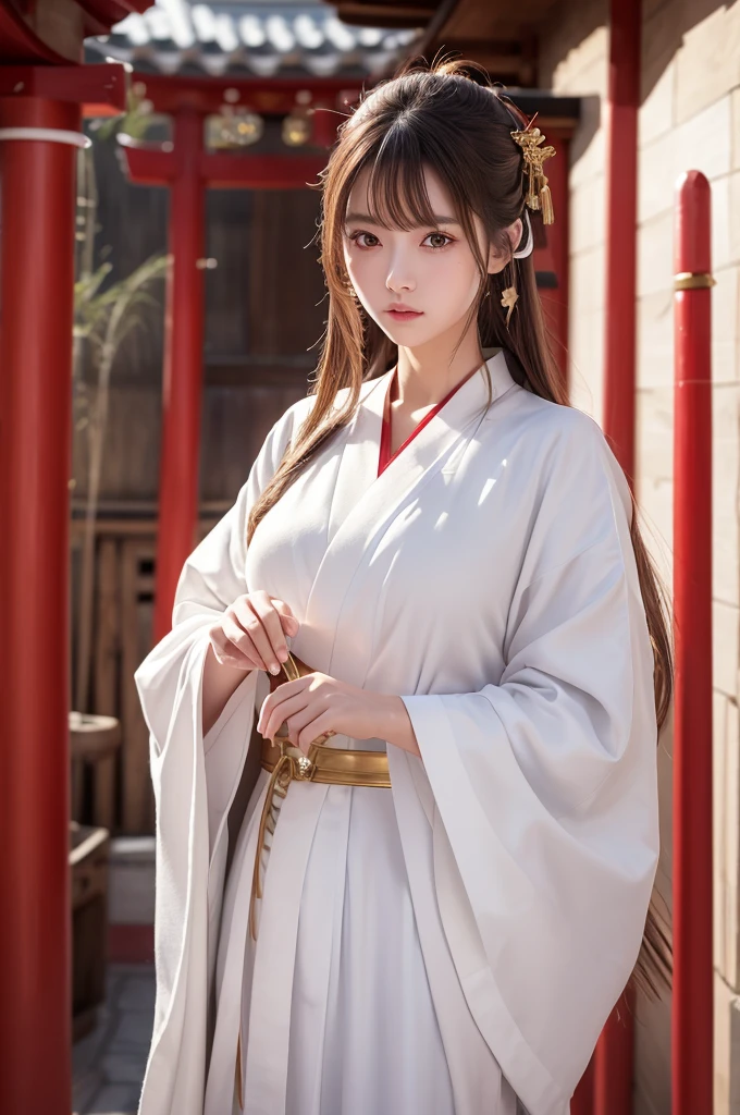 White Robe, Red line from shoulder to hip, a shinto shrine maiden, detailed face, detailed eyes, detailed lips, long straight brown hair, gold simple thin hair band, conservative outfit, holding silver scissors, standing in a shrine courtyard, upper body closeup, high quality, digital art, photorealistic, dramatic lighting, cinematic, masterpiece