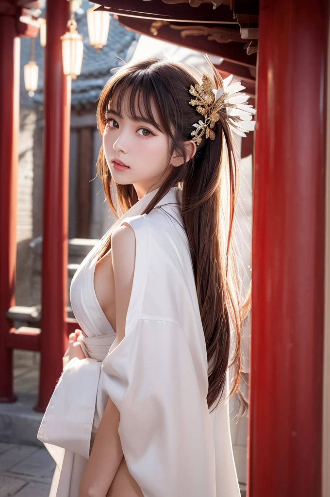 White Robe, Red line from shoulder to hip, a shinto shrine maiden, detailed face, detailed eyes, detailed lips, long straight brown hair, gold simple thin hair band, conservative outfit, holding silver scissors, standing in a shrine courtyard, upper body closeup, high quality, digital art, photorealistic, dramatic lighting, cinematic, masterpiece
