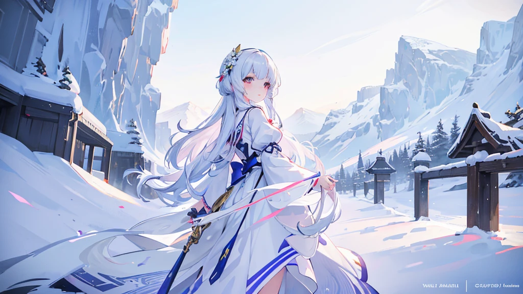 a woman in a white dress with a Snow a mountain behind her, detailed anime art, detailed anime artwork, detailed key anime art, detailed digital anime art, clean detailed anime art, beautiful anime art, anime art, ayaka genshin impact, detailed anime character art, guweiz on pixiv artstation, trending on artstation pixiv