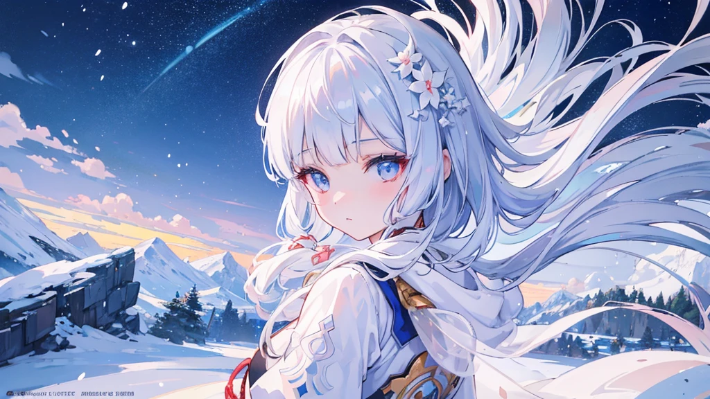 a woman in a white dress with a Snow a mountain behind her, detailed anime art, detailed anime artwork, detailed key anime art, detailed digital anime art, clean detailed anime art, beautiful anime art, anime art, ayaka genshin impact, detailed anime character art, guweiz on pixiv artstation, trending on artstation pixiv