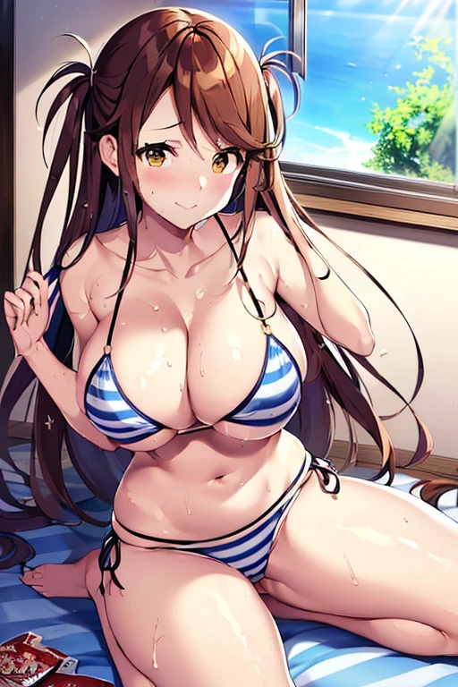 (masterpiece, Highest quality:1.2), One girl, alone, Casual wear, Private Server, Long Hair, Long twin tails, Both sides up, Sweat, hot, Hot body, Heavy breathing, hot視線, 白い生地の布はSweatで濡れて透けている,
enormous breasts, (((Very large and saggy breasts))), Her nipples were so hard and erect that they were visible through her clothes and underwear, and her vagina was wet and open., (((The underwear is a blue and white striped bikini that looks like a micro bikini., Absolutely no shorts on or no shorts at all, I don't wear pants or hot pants.))), (((She spreads her legs wide open to reveal her wet vaginal opening and labia majora, boldly spreading them wide with the fingers of both hands., When I rub the clitoris and open the vaginal hole with my fingers, love juice and cream spurt out.))), A mouth showing white front teeth and a mouth laughing out loud, How to talk to someone, In the room, Nana's Bedroom,
A secret room specially prepared for sexual satisfaction within the station building, The shelves with doors are々There are a variety of adult goods on display, including dildos and aphrodisiac lotions.,
(((Erect nipples visible through clothing or underwear))), The underwear is a micro bikini design, which is a bra with little fabric, and is worn as blue and white striped bikini pattern underwear., (((Striped bikini panties are either off or not worn))),She is wearing a pleated white miniskirt, Open shirt, Her clothes are only open from her lower breasts to her cleavage..
Heavy breathingで擦り寄ってくる, A box of tissues and condoms are on a nearby desk.,
Spread your legs wide, She lifts her skirt with one hand to show her underwear, blushes, and looks at the viewers with a dazed look., The viewer inserts a long, thick monster cock into her vaginal opening., Two viewers make her do an iramatio with their monster cocks and rub them on her breasts and bukkake,
break indoors, break anal sex, monster cock anal sex, break (masterpiece:1.2), Highest quality, High resolution, unity 8k wallpaper, (figure:0.9), (Beautiful attention to detail:1.6), Highly detailed face, Perfect lighting, Highly detailed CG, (Perfect hands, Perfect Anatomy),