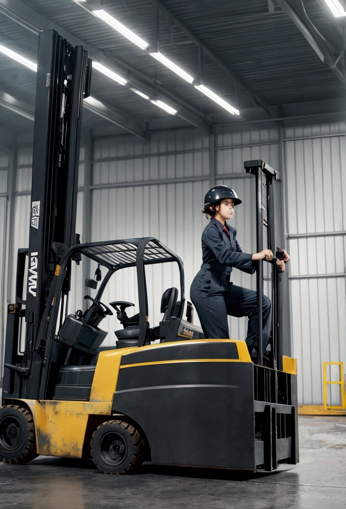 A woman wearing work clothes and a helmet is working on the forklift.