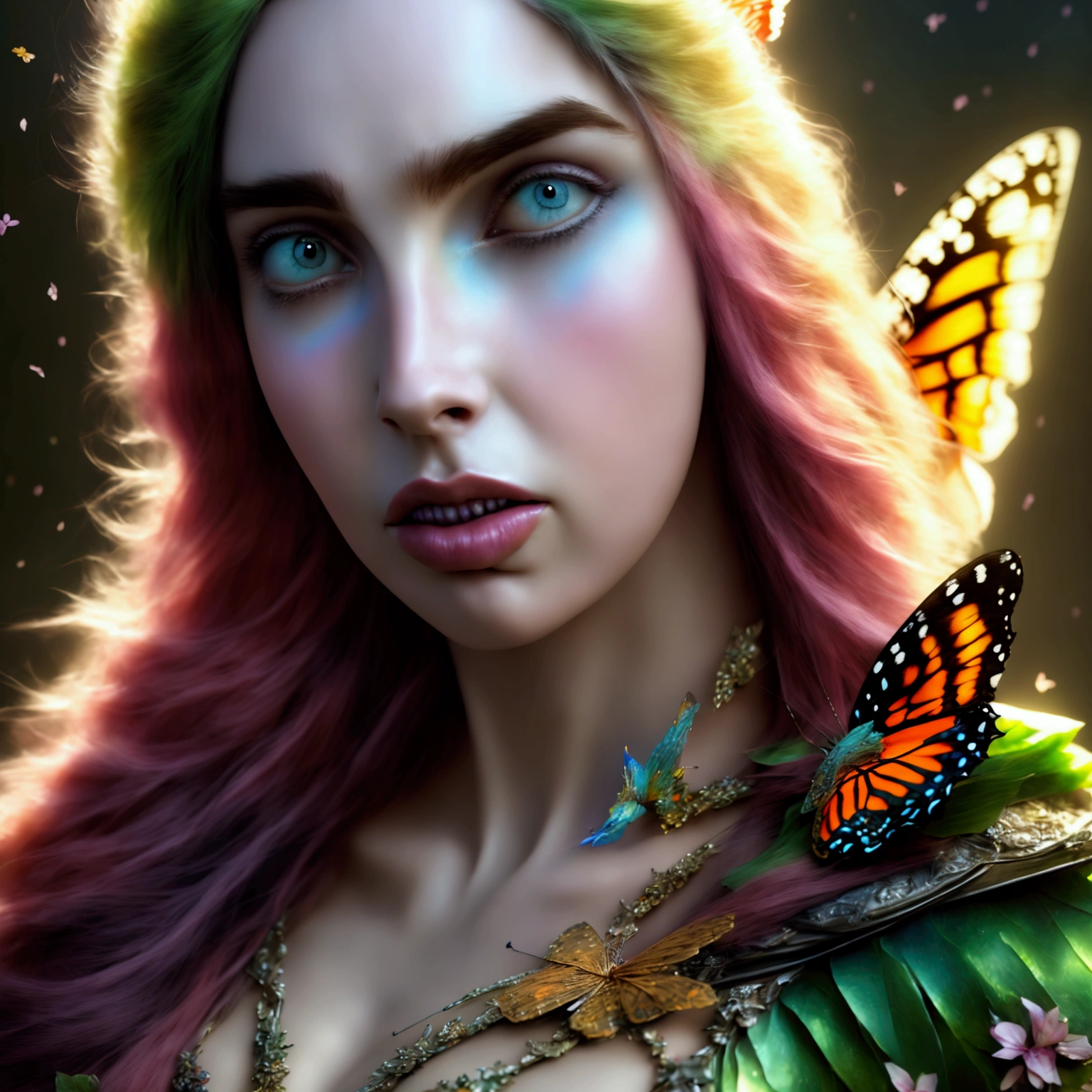 (Close-up of a woman with a butterfly costume:1.2), (fantasy art style:1.2), (ornate cosplay:1.2), (digital fantasy art:1.2), (Karol Bak UHD:1.2), (astral fairy:1.2), (colorful digital fantasy art:1.2), inspired by Hedi Xandt, fantasy art Behance, portrait of a fairy, vibrant fantasy style, (Ava Max:1.2), inspired by RossDraws, (masterpiece:1.4, best quality), (photo realistic:1.4), ethereal and magical, vibrant colors, intricate details, delicate brushstrokes, dynamic composition, rich textures, dramatic light and shadow, (glowing eyes:1.2), (detailed face:1.4), (expressive face:1.2), enchanting expression, surreal beauty, captivating features, otherworldly aura, perfect image quality, transcendent and unique