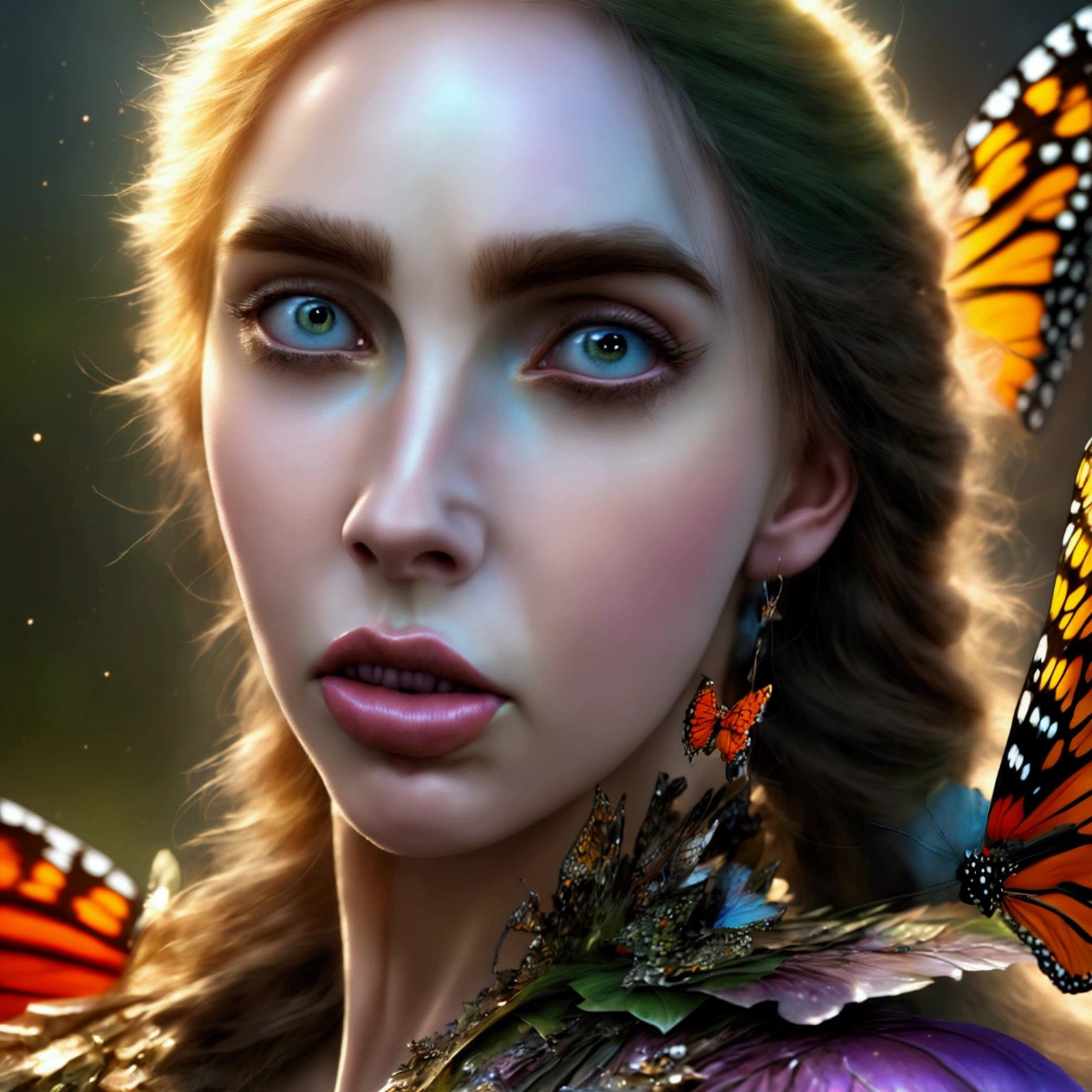 (Close-up of a woman with a butterfly costume:1.2), (fantasy art style:1.2), (ornate cosplay:1.2), (digital fantasy art:1.2), (Karol Bak UHD:1.2), (astral fairy:1.2), (colorful digital fantasy art:1.2), inspired by Hedi Xandt, fantasy art Behance, portrait of a fairy, vibrant fantasy style, (Ava Max:1.2), inspired by RossDraws, (masterpiece:1.4, best quality), (photo realistic:1.4), ethereal and magical, vibrant colors, intricate details, delicate brushstrokes, dynamic composition, rich textures, dramatic light and shadow, (glowing eyes:1.2), (detailed face:1.4), (expressive face:1.2), enchanting expression, surreal beauty, captivating features, otherworldly aura, perfect image quality, transcendent and unique