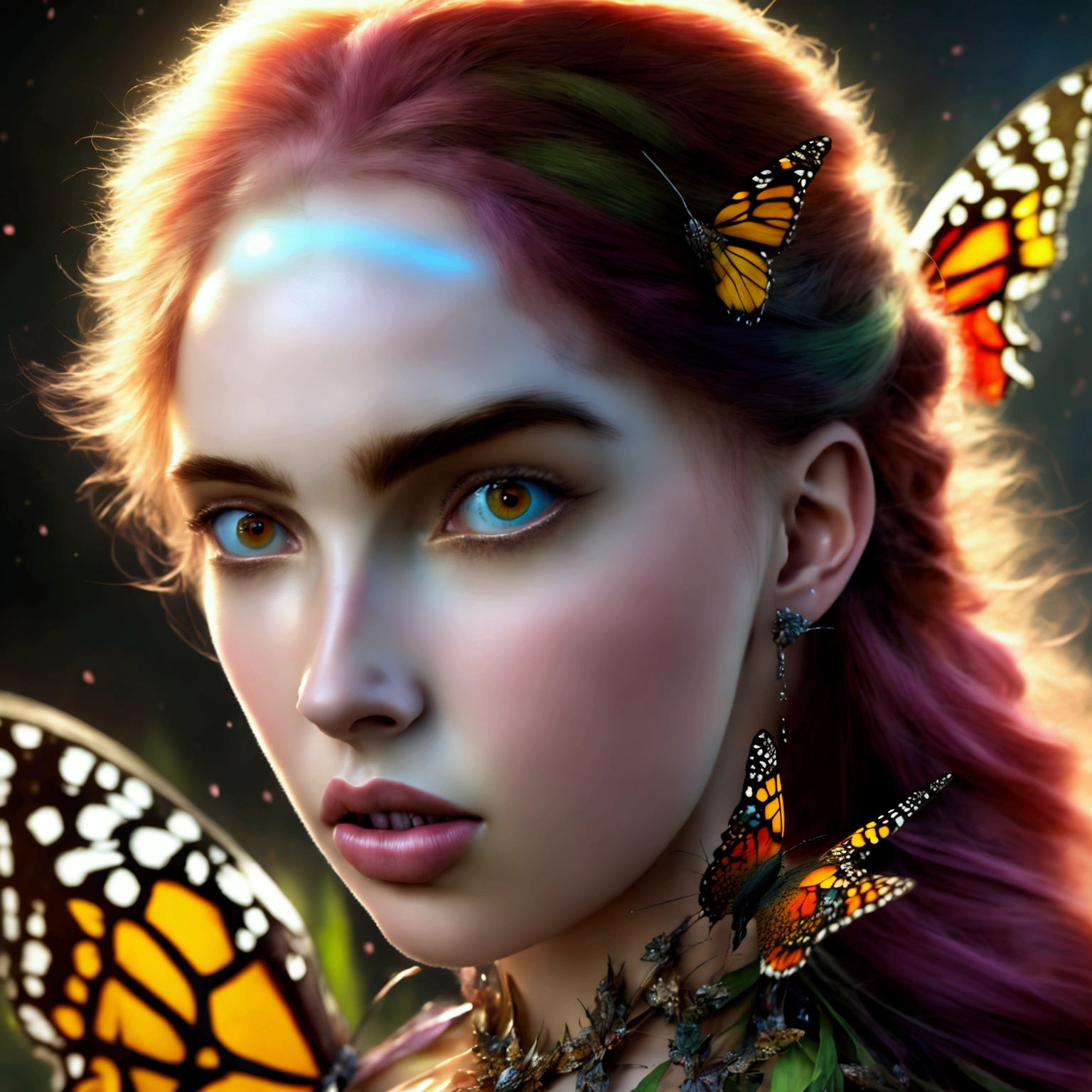 (Close-up of a woman with a butterfly costume:1.2), (fantasy art style:1.2), (ornate cosplay:1.2), (digital fantasy art:1.2), (Karol Bak UHD:1.2), (astral fairy:1.2), (colorful digital fantasy art:1.2), inspired by Hedi Xandt, fantasy art Behance, portrait of a fairy, vibrant fantasy style, (Ava Max:1.2), inspired by RossDraws, (masterpiece:1.4, best quality), (photo realistic:1.4), ethereal and magical, vibrant colors, intricate details, delicate brushstrokes, dynamic composition, rich textures, dramatic light and shadow, (glowing eyes:1.2), (detailed face:1.4), (expressive face:1.2), enchanting expression, surreal beauty, captivating features, otherworldly aura, perfect image quality, transcendent and unique