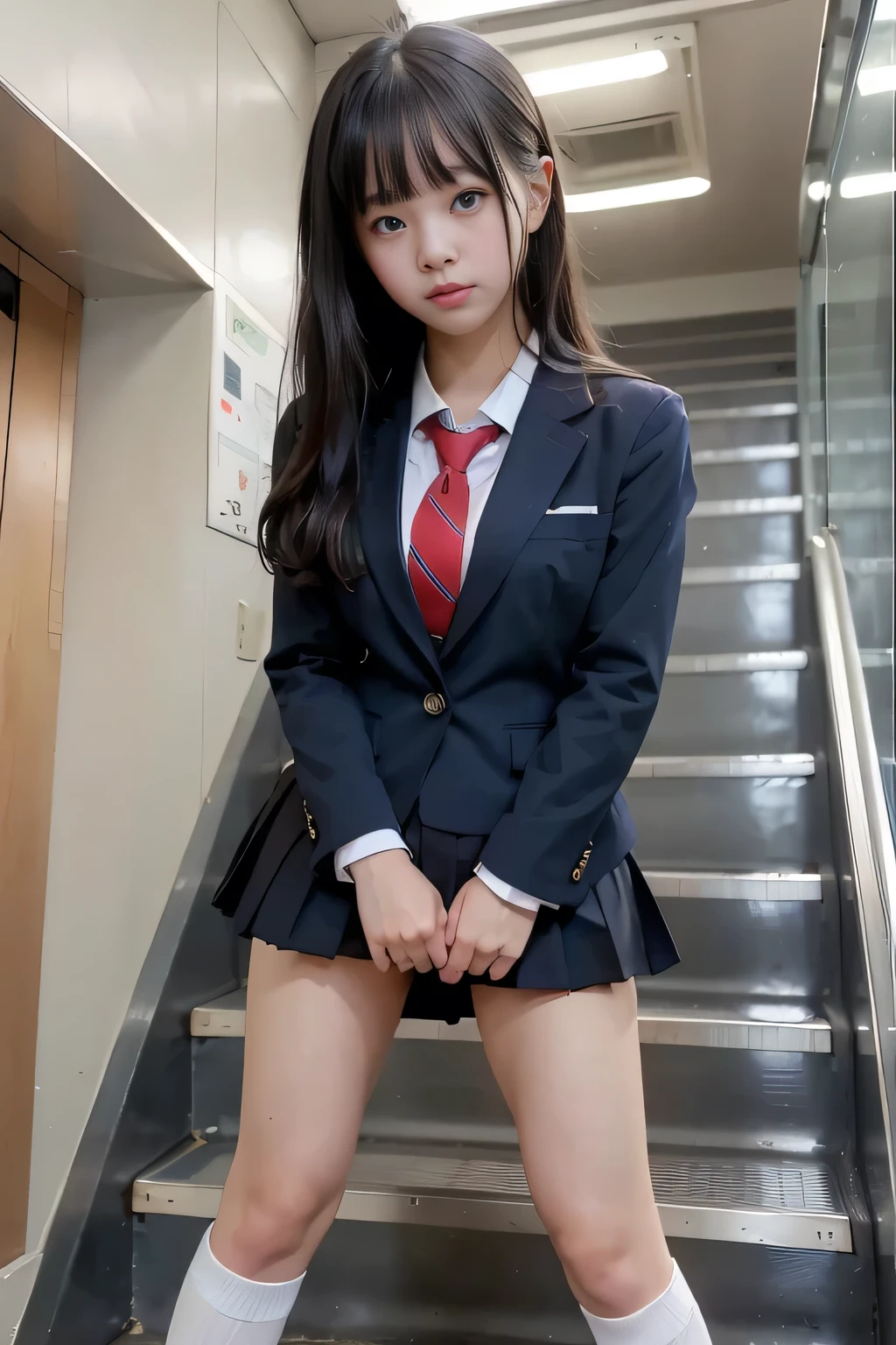 ((Highest quality)), ((masterpiece)), (Familiar), A high school girl riding an escalator on her way to school、Glare、Navy Blazer、mini skirt、Navy blue socks、Rear view、Secret photos、(View from directly below)、Navy blue socksのクローズアップ、Station Escalator、Everybody line up on the left、Face only