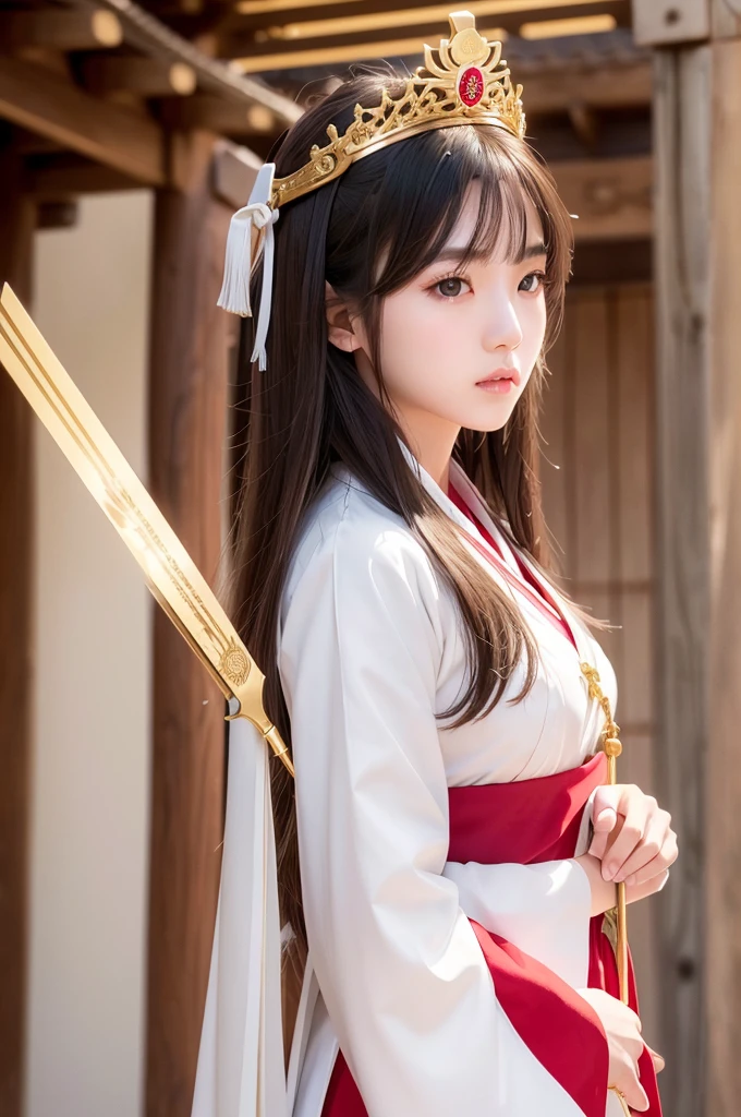White hunting uniform, a shinto shrine maiden, detailed face, detailed eyes, detailed lips, long straight brown hair, gold simple thin hair tiara, red straight lines on white outfit, conservative outfit, holding silver scissors, standing in a shrine courtyard, upper body closeup, high quality, digital art, photorealistic, dramatic lighting, cinematic, masterpiece